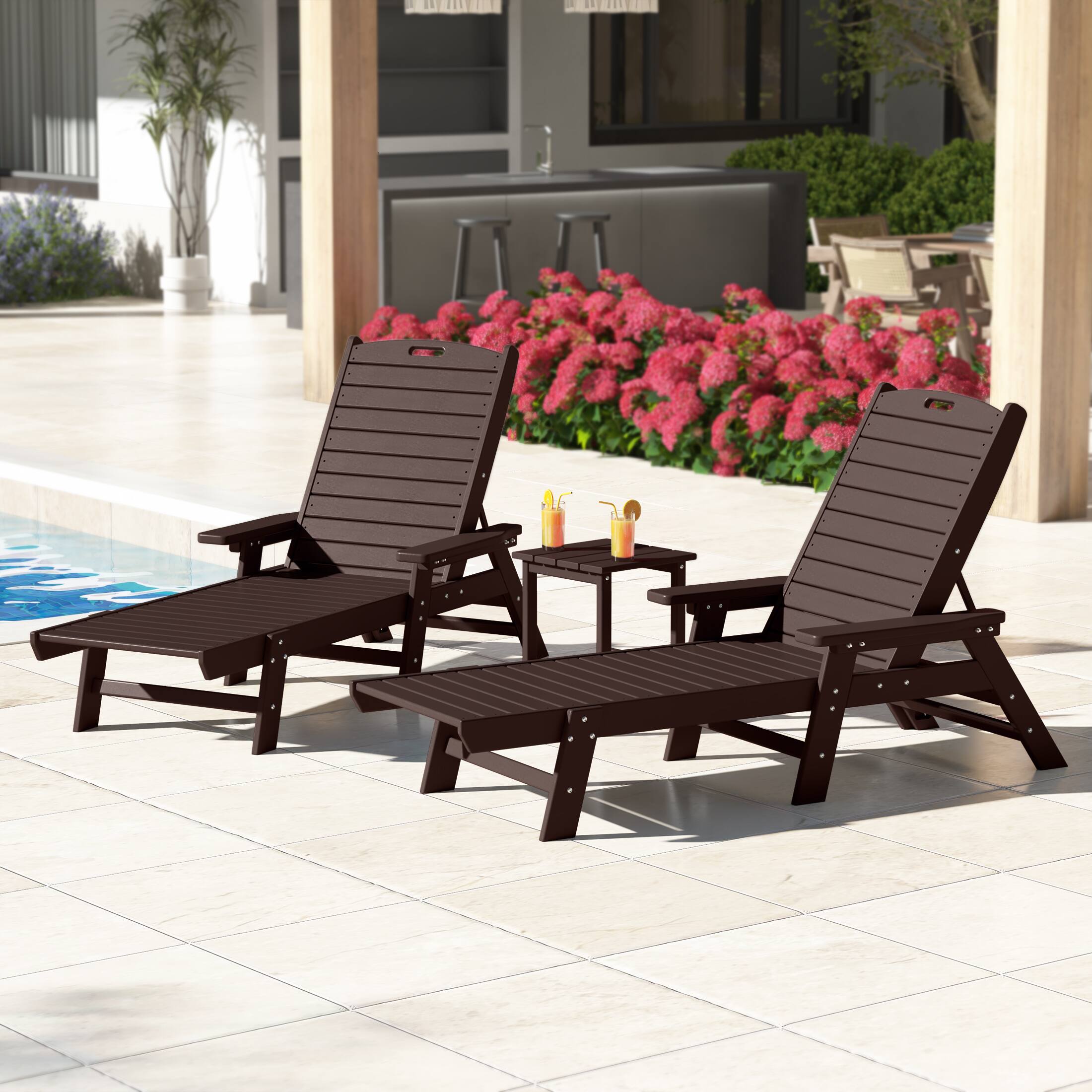Angle. WestinTrends - WestinTrends Malibu 3 piece Set Poly Adirondack Outdoor Chaise Lounges with Side Table - Dark Brown.