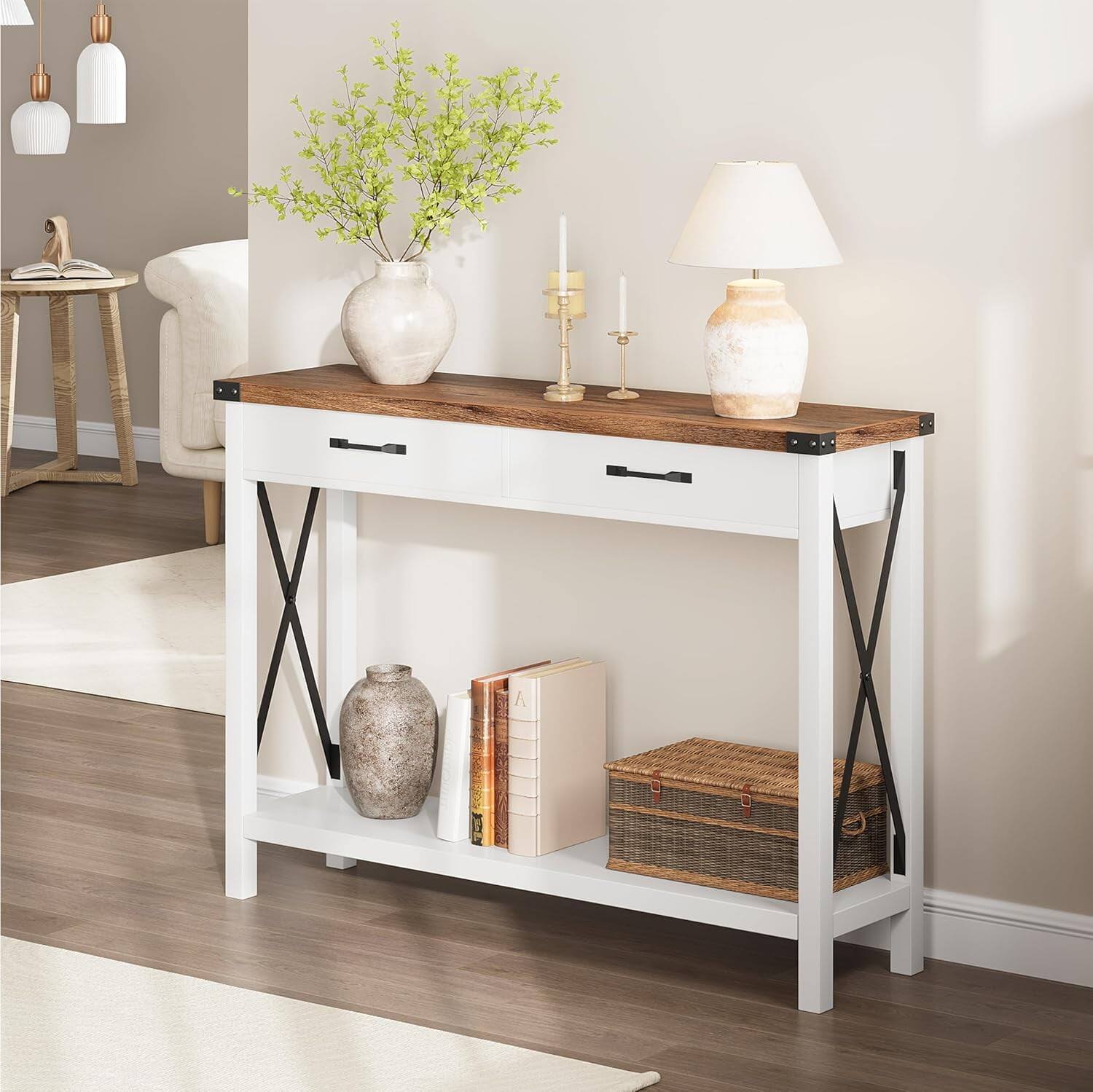 Left. Homhougo - 43-Inch Console Table with Drawers - Sofa Table with Open Shelf and 2 Drawers, White/Brown - White+Brown.
