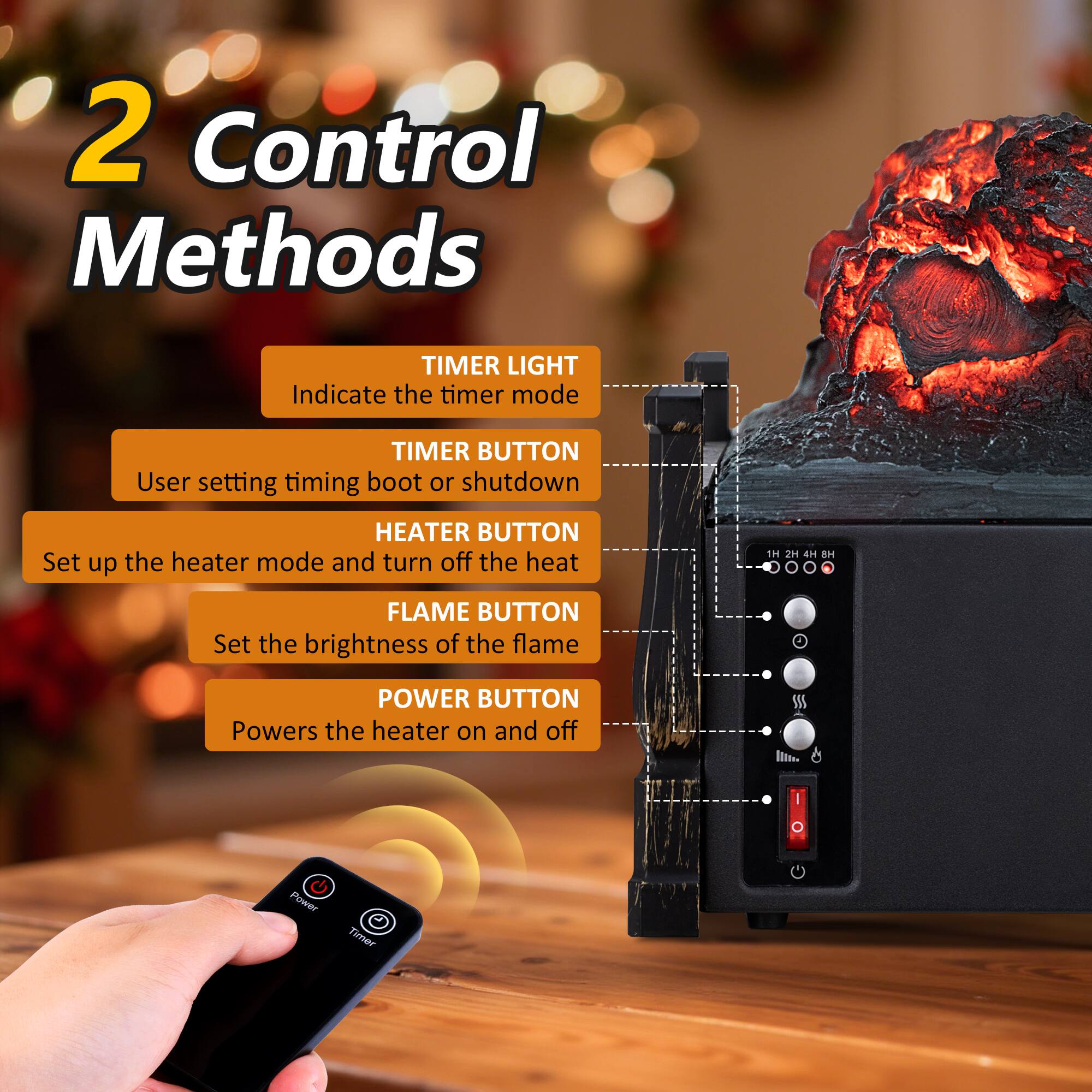 2 Control Methods

TIMER LIGHT  
Indicate the timer mode

TIMER BUTTON  
User setting timing boot or shutdown

HEATER BUTTON  
Set up the heater mode and turn off the heat

FLAME BUTTON  
Set the brightness of the flame

POWER BUTTON  
Powers the heater on and off