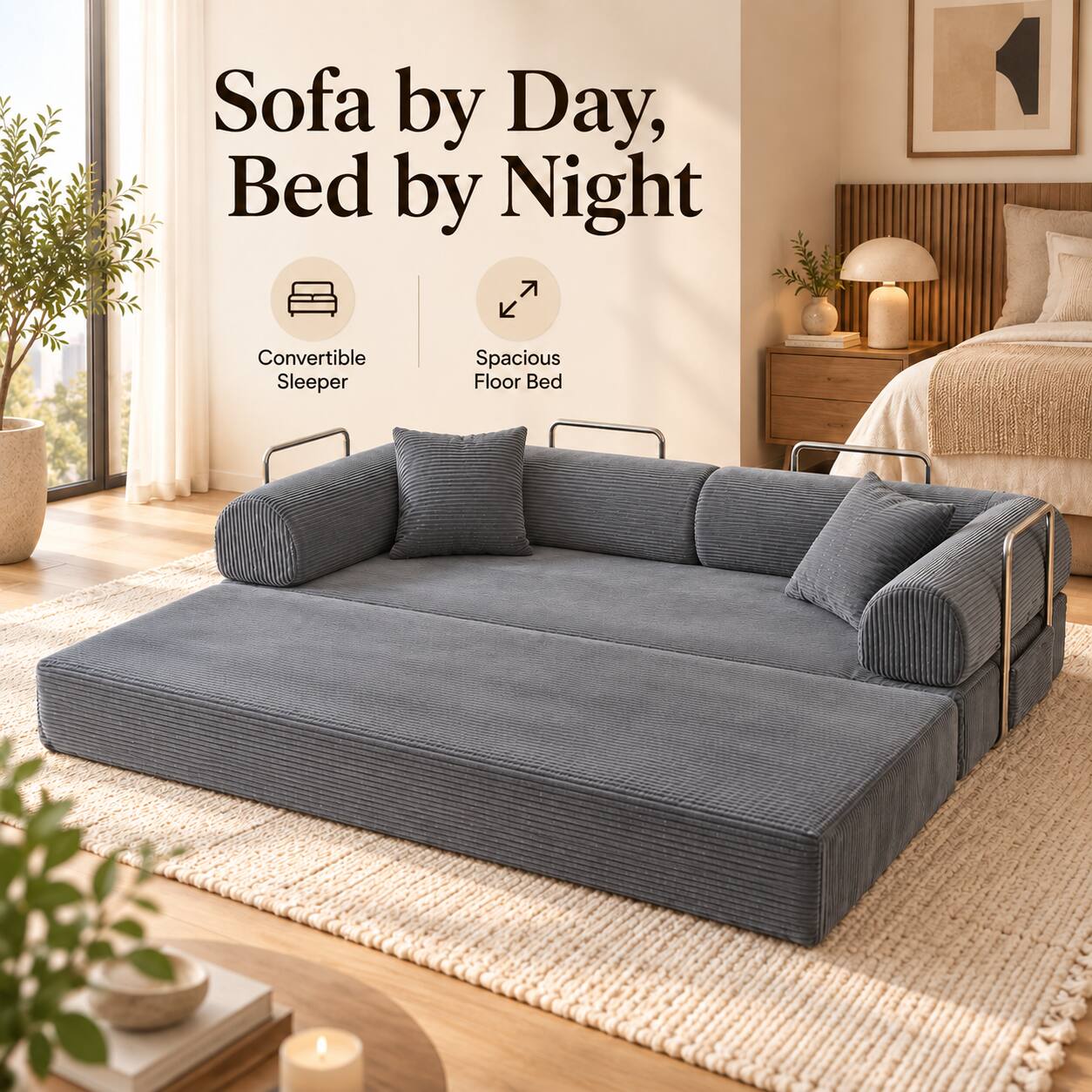 Sofa by Day, Bed by Night  
Convertible Sleeper  
Spacious Floor Bed