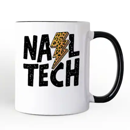 Front. OrnamentallyYou - Nail Tech Leopard Lightning Mug, Retro Stylist Gift - White.