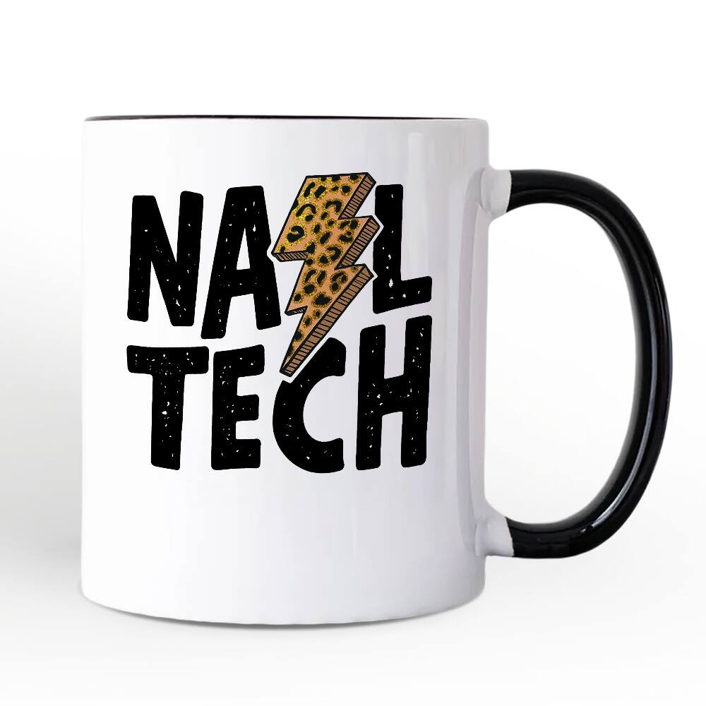 Front. OrnamentallyYou - Nail Tech Leopard Lightning Mug, Retro Stylist Gift - White.