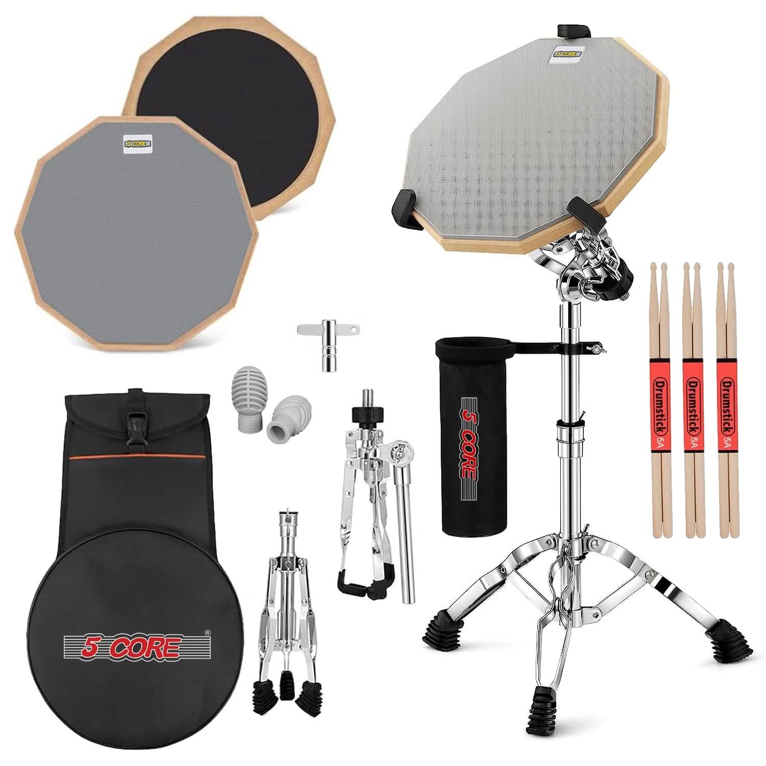 5 CORE - 5Core Drum Practice Pad Set 12" Snare Drumming Stand 2 Sided Silent Drummer Kit - Grey