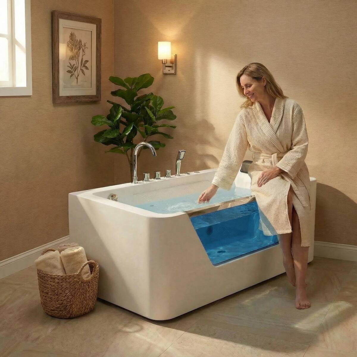 Alt View 2. Loheer - Loheer 67 in Whirlpool Bathtub with Glass Panel, 7 Jet Acrylic Jetted Tub, LED Light, White - Milk White.