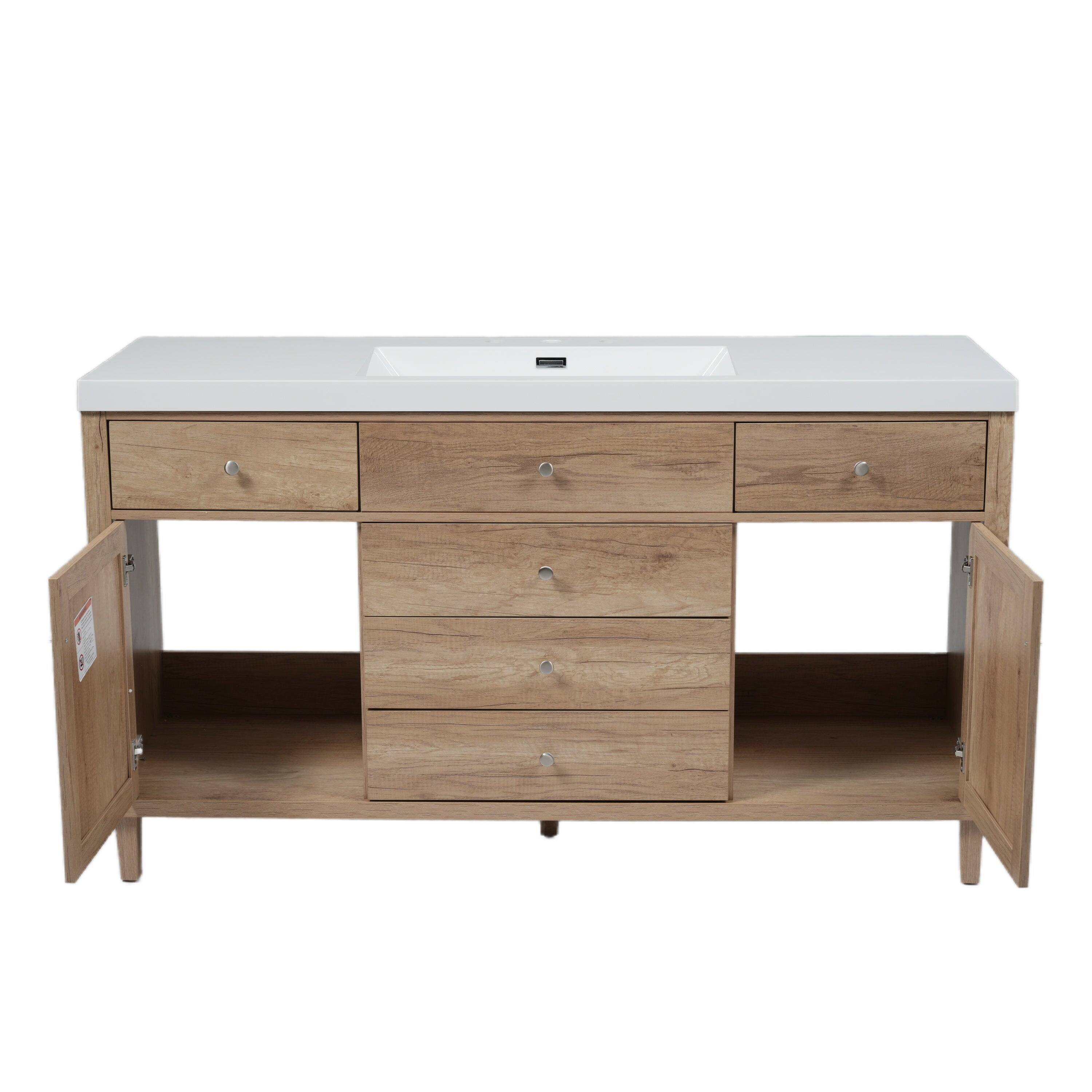 Angle. Boyel Living - 60 Inch Bathroom Vanity with SMC Sink Large Storage Cabinet Soft Close Drawers Rattan Doors Silver Knobs Natural - Natural.