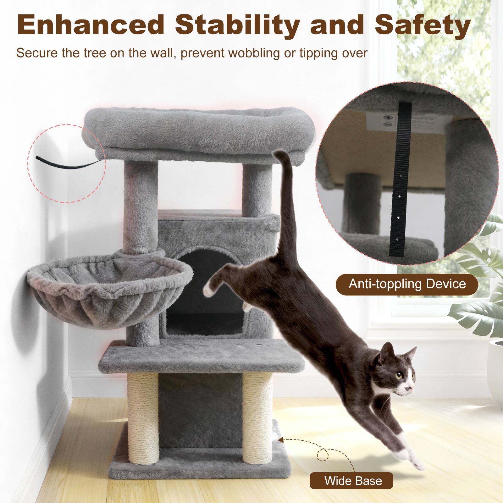 Enhanced Stability and Safety

Secure the tree on the wall, prevent wobbling or tipping over

Anti-toppling Device

Wide Base