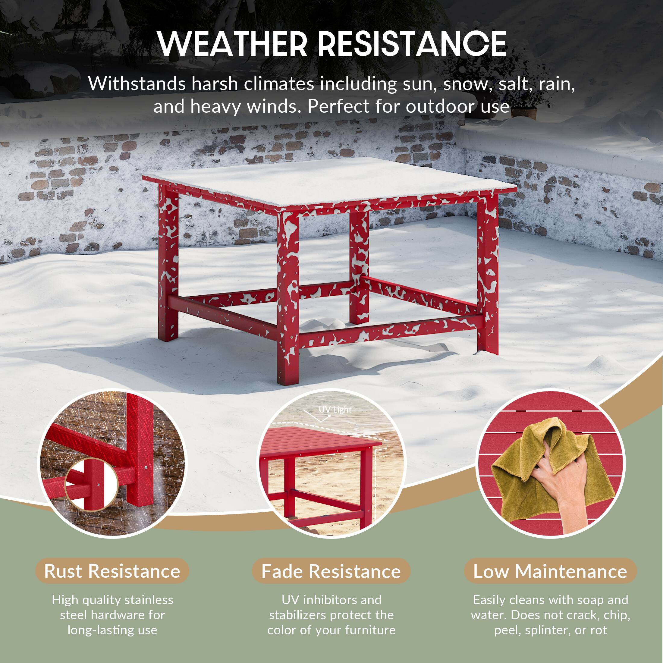 WEATHER RESISTANCE

Withstands harsh climates including sun, snow, salt, rain, and heavy winds. Perfect for outdoor use

UV-Tight

Rust Resistance
High quality stainless steel hardware for long-lasting use

Fade Resistance
UV inhibitors and stabilizers protect the color of your furniture

Low Maintenance
Easily cleans with soap and water. Does not crack, chip, peel, splinter, or rot