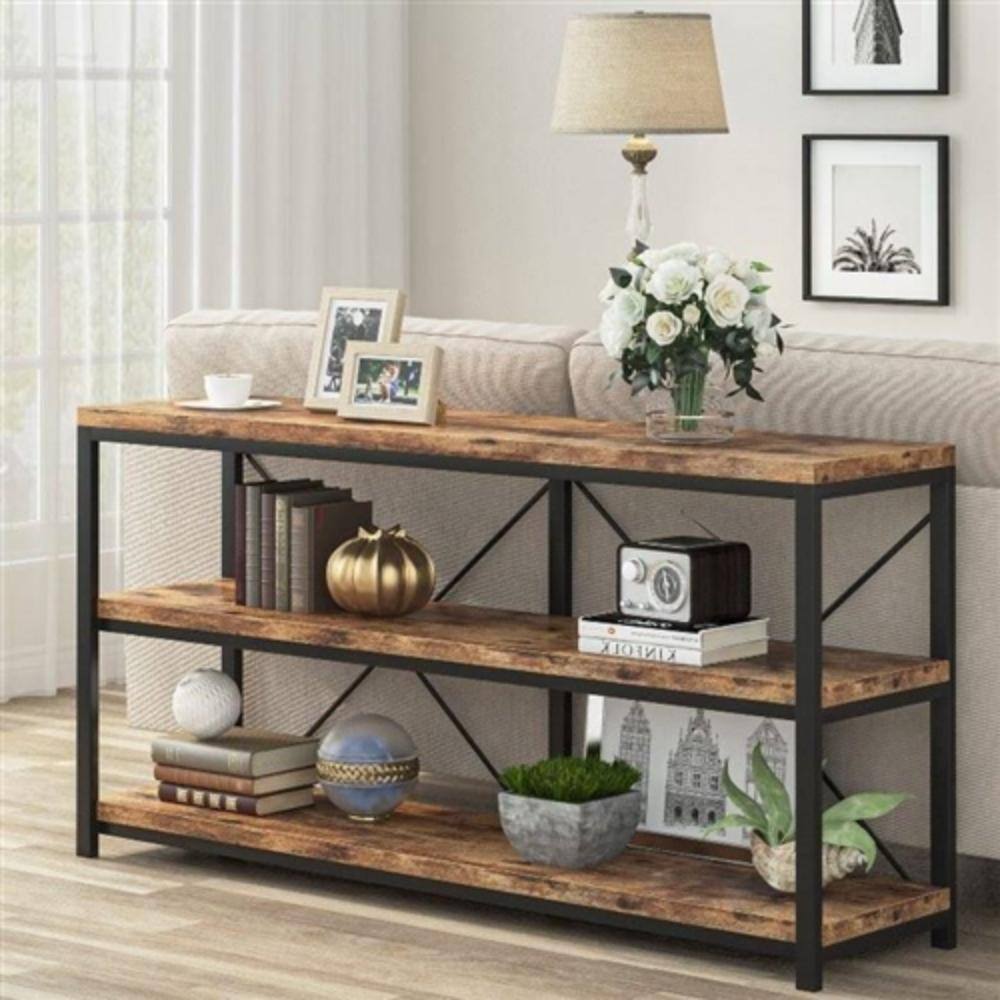 Alt View 1. Hivvago - Industrial 55-inch Wood Shelf Console Sofa Table with Sturdy Black Metal Frame - Rustic, Black.