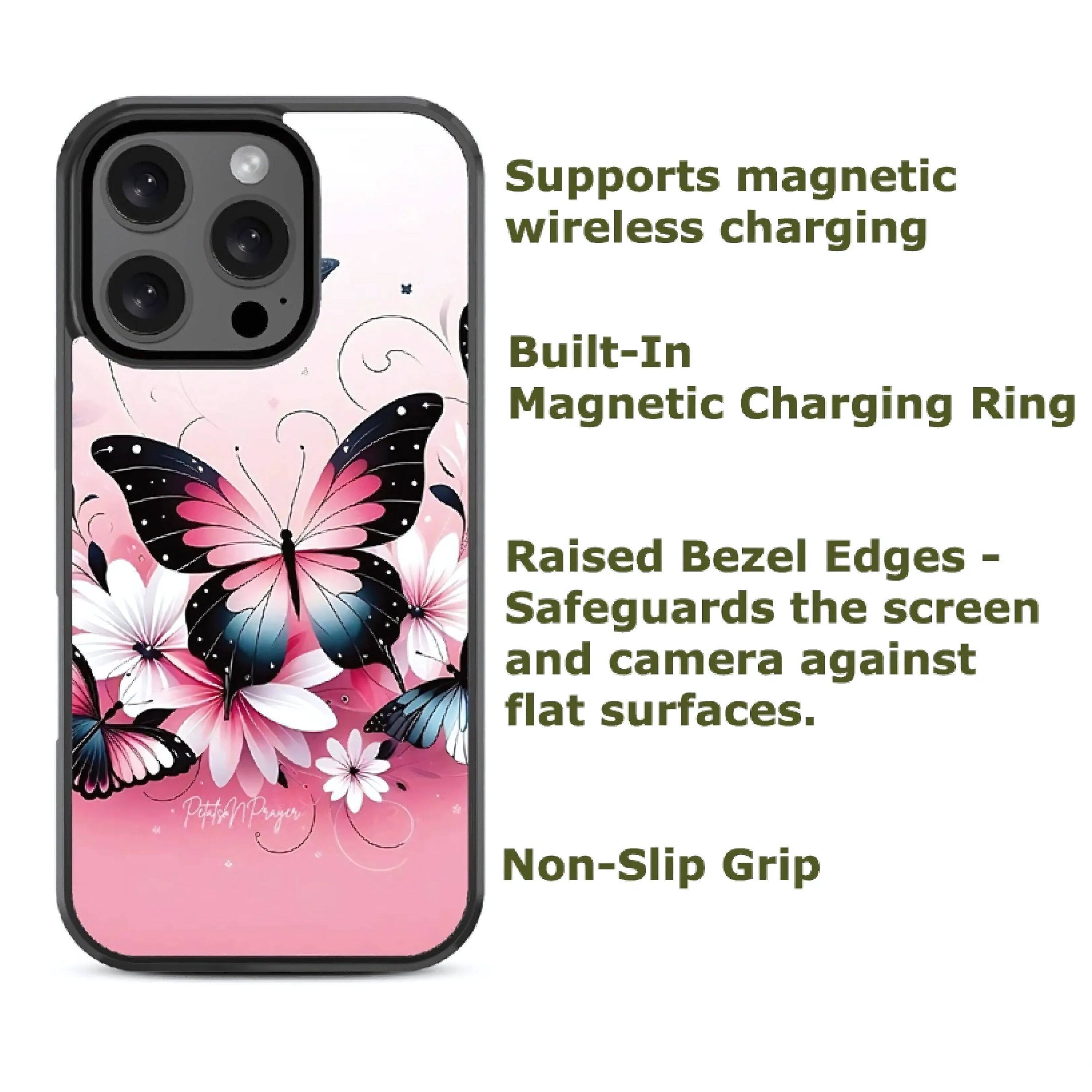 - Supports magnetic wireless charging
- Built-In Magnetic Charging Ring
- Raised Bezel Edges - Safeguards the screen and camera against flat surfaces.
- Non-Slip Grip