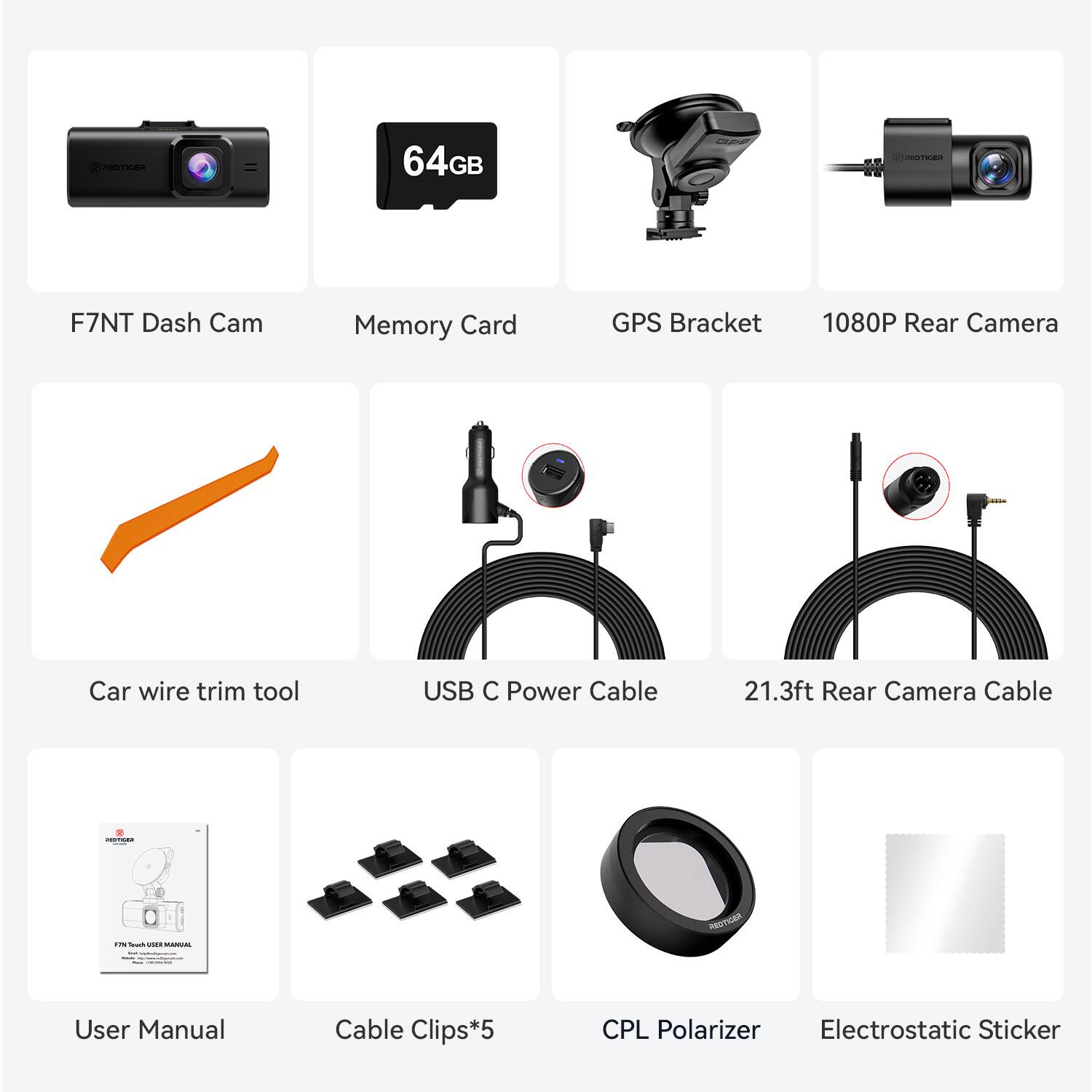 MASIGER 64GB TE F7NT Dash Cam Memory Card GPS Bracket 1080P Rear Camera Car wire trim tool USB C Power Cable 21.3ft Rear Camera Cable HOTORs -- - i - User Manual Cable Clips*5 CPL Polarizer Electrostatic Sticker