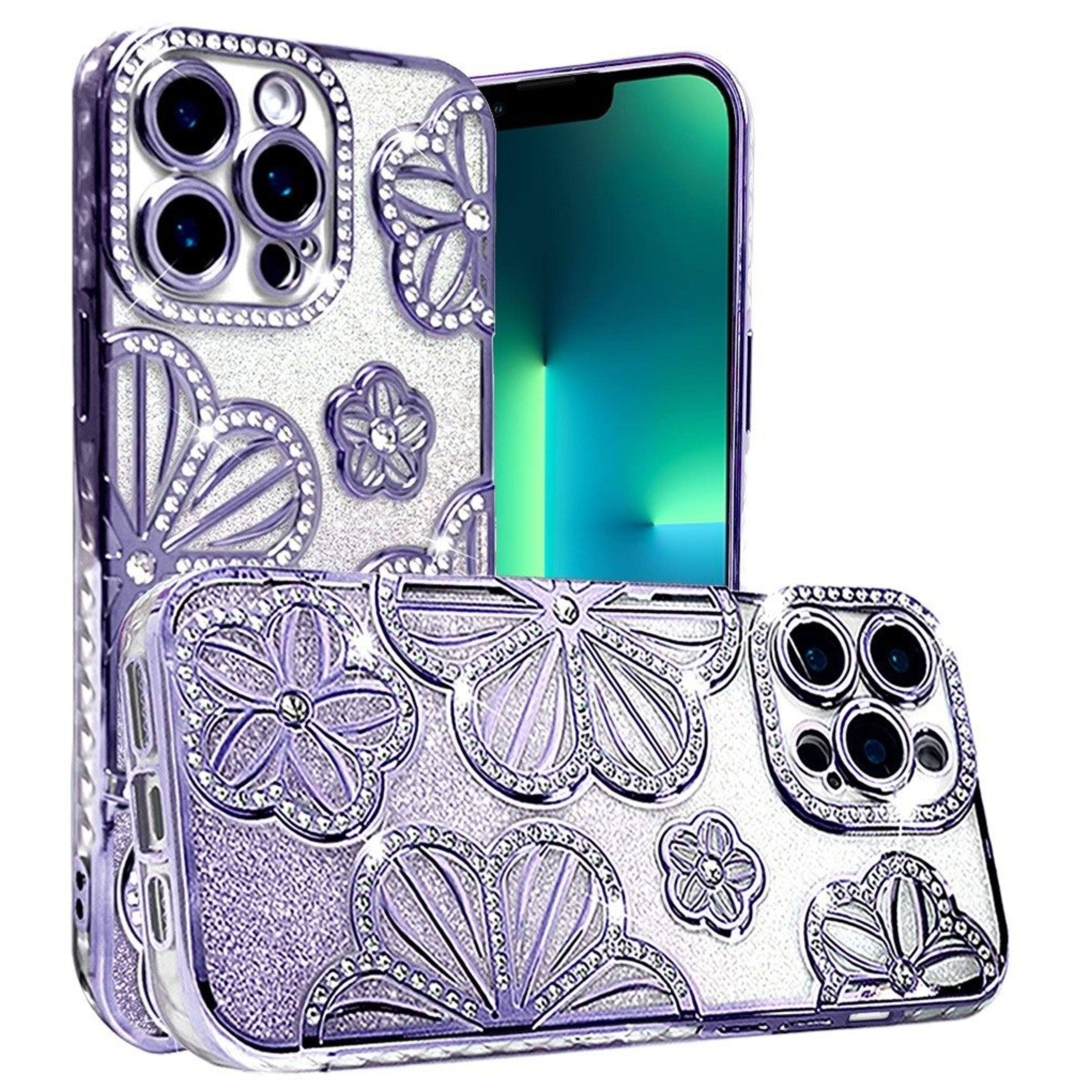 Angle. Kitcheniva - Bling Floral Case With 3D Rhinestone Glitter Cover For iPhone 13 Pro Max Purple - Purple.