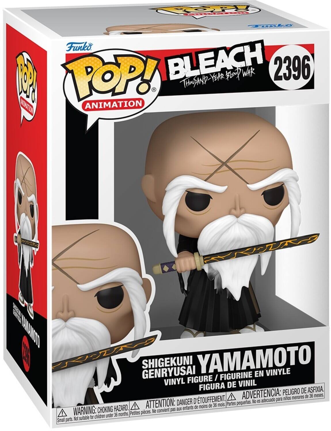 Funko POP! Animation  
BLEACH  
THOUSAND-YEAR-BLOOD WAR  
2396  

SHIGEKUNI GENRYUSAI YAMAMOTO  
VINYL FIGURE / FIGURINE EN VINYLE / FIGURA DE VINIL  

WARNING: CHOKING HAZARD. Small parts. Not suitable for children under 36 months.  
ATTENTION: DANGER D'ÉTOUFFEMENT. Petites pièces. Ne convient pas aux enfants de moins de 36 mois.  
ADVERTENCIA: PELIGRO DE ASFIXIA. Partes pequeñas. No es adecuado para niños menores de 36 meses.