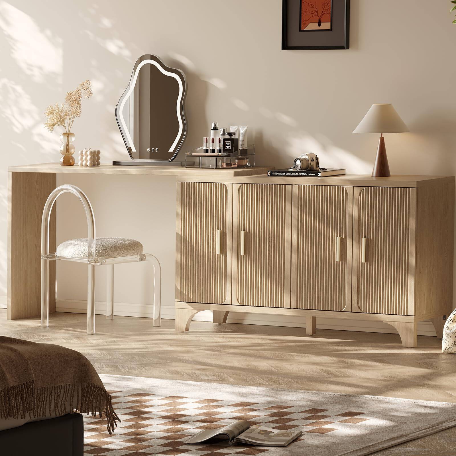 Alt View 8. SKONYON - 55'' Mid-Century Modern Buffet Cabinet with Storage and Fluted Doors, 4-Door Sideboard for Kitchen or Living Room - Oak.