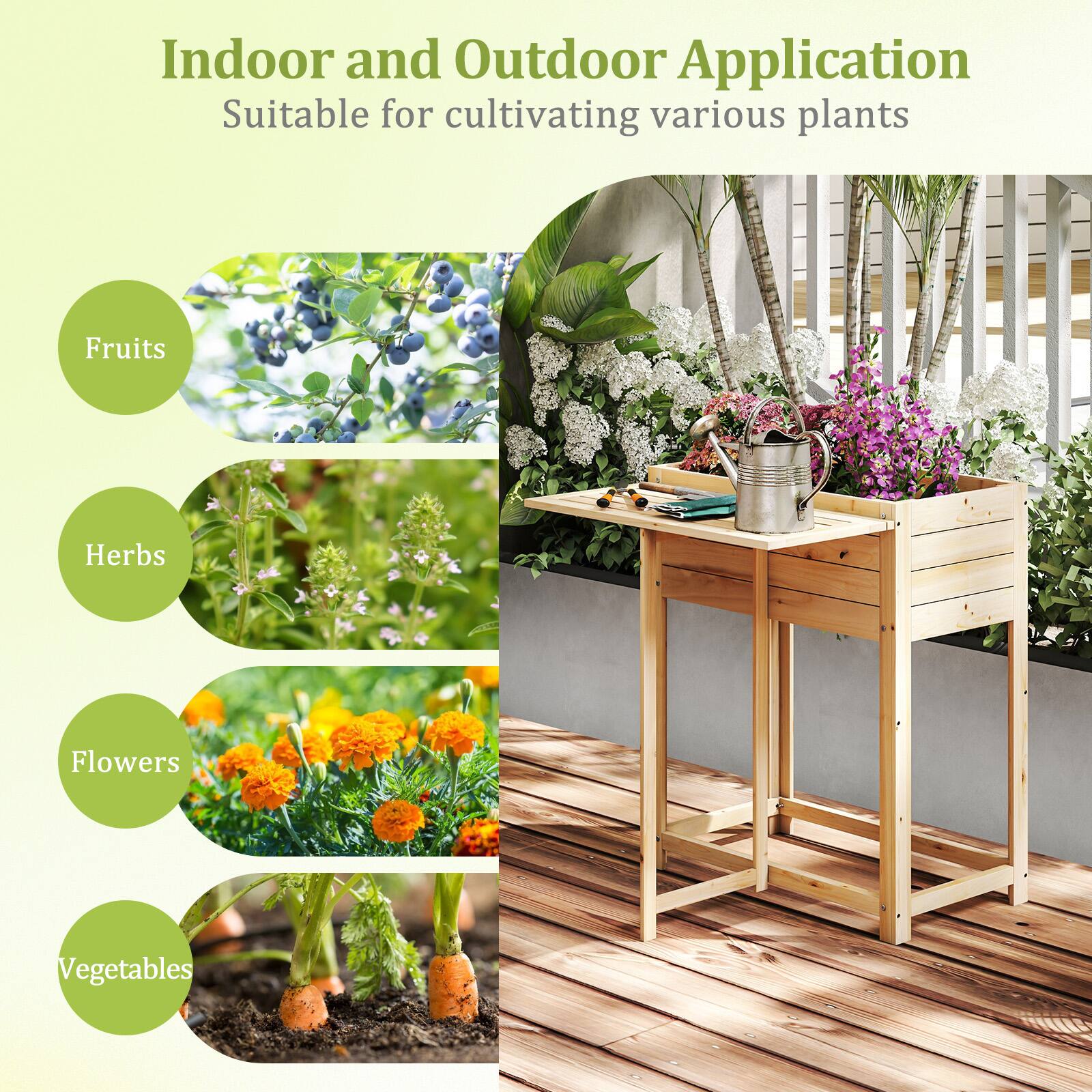 Indoor and Outdoor Application  
Suitable for cultivating various plants:  
- Fruits  
- Herbs  
- Flowers  
- Vegetables