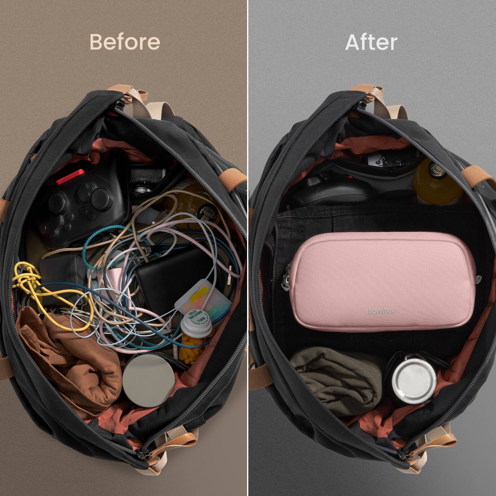 Before:

* A black bag with a black and brown strap.
* The bag is open and filled with various items.
* Inside the bag, there are electronics, such as a cell phone and a remote control.
* There are also personal items, like a bottle, a cup, and a toothbrush.
* The bag is packed full of items, indicating that it is being used for travel or storage.

After:

* The bag is now empty and closed.
* The items that were previously inside the bag have been removed and are likely stored elsewhere.
* The bag appears to be ready for use or transportation, with no clutter or belongings inside.