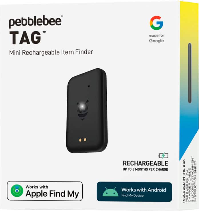 Pebblebee TAG Mini Rechargeable Item Finder is a Google-made product that works with Apple Find My and Android Find My Device. The tag is rechargeable and can last up to 8 months on a single charge. The box includes the TAG attachment sheet and a cable, as well as a Pebblebee charger and silicone instruction.