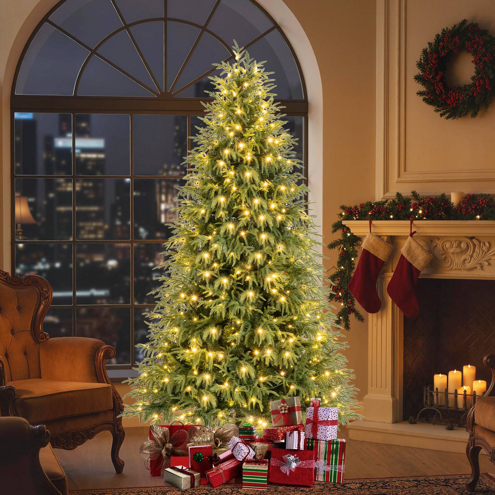 Alt View 1. Costway - Coatway 7 FT Artificial Pre-Lit Christmas Tree with 400 Warm White LED Lights 1217 Branch Tips - Green.