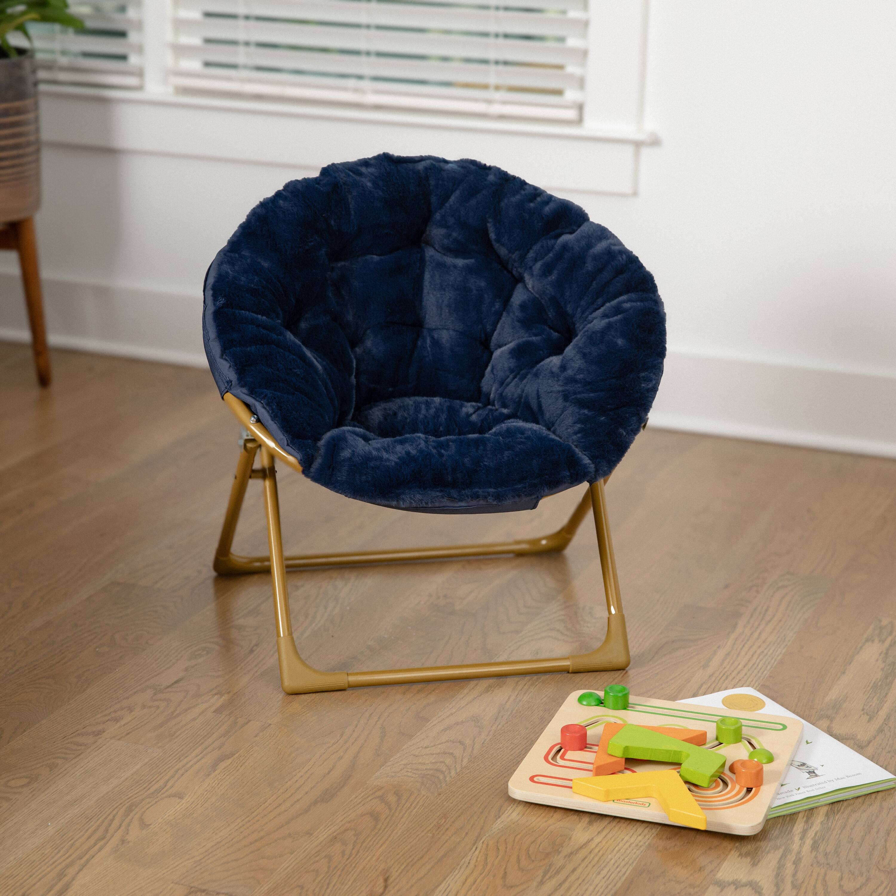 Alt View 1. Flash Furniture - Gwen 23" Kids Cozy Mini Folding Saucer Chair, Faux Fur Moon Chair for Toddlers and Bedroom, Navy/Soft Gold - Blue.