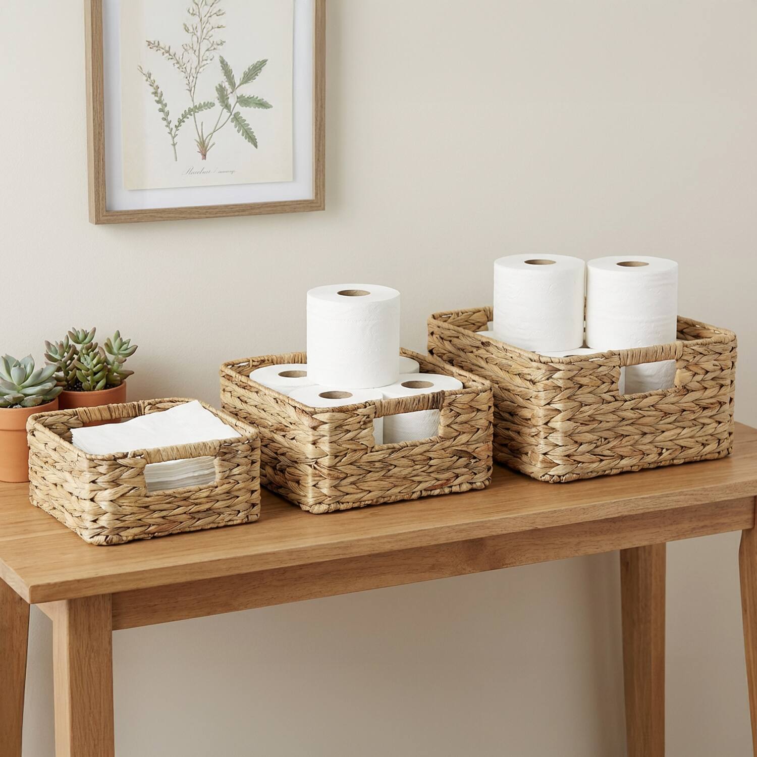 Angle. Garnen - Set of 3 Wicker Basket Storage, Woven Basket, Decorative Wicker Baskets Rectangular for Desk Organizer,  11" 13" 14" - Brown.