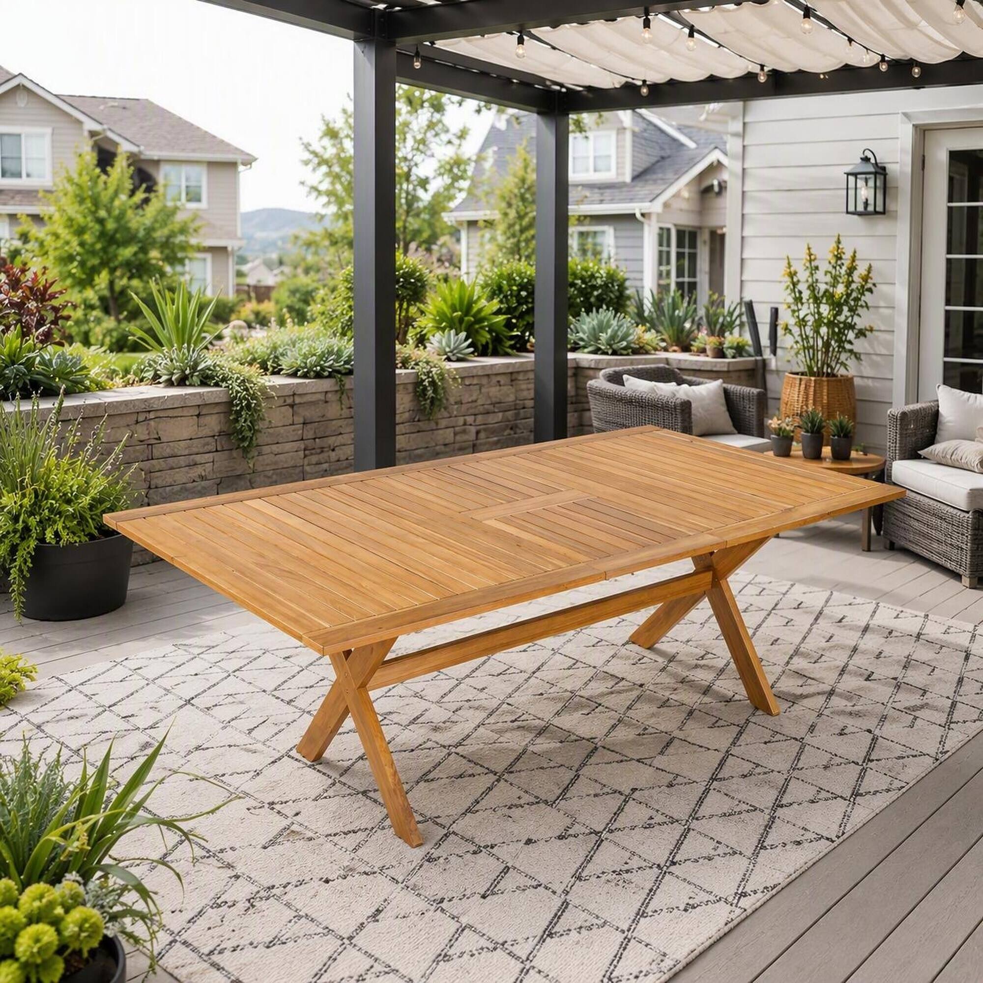 Alt View 1. RYHNUYNE - 60"-76" Outdoor Extendable Dining Table, Solid Acacia Wood X-Leg Patio Table for Backyard Garden Deck, Natural Finish - Teak.