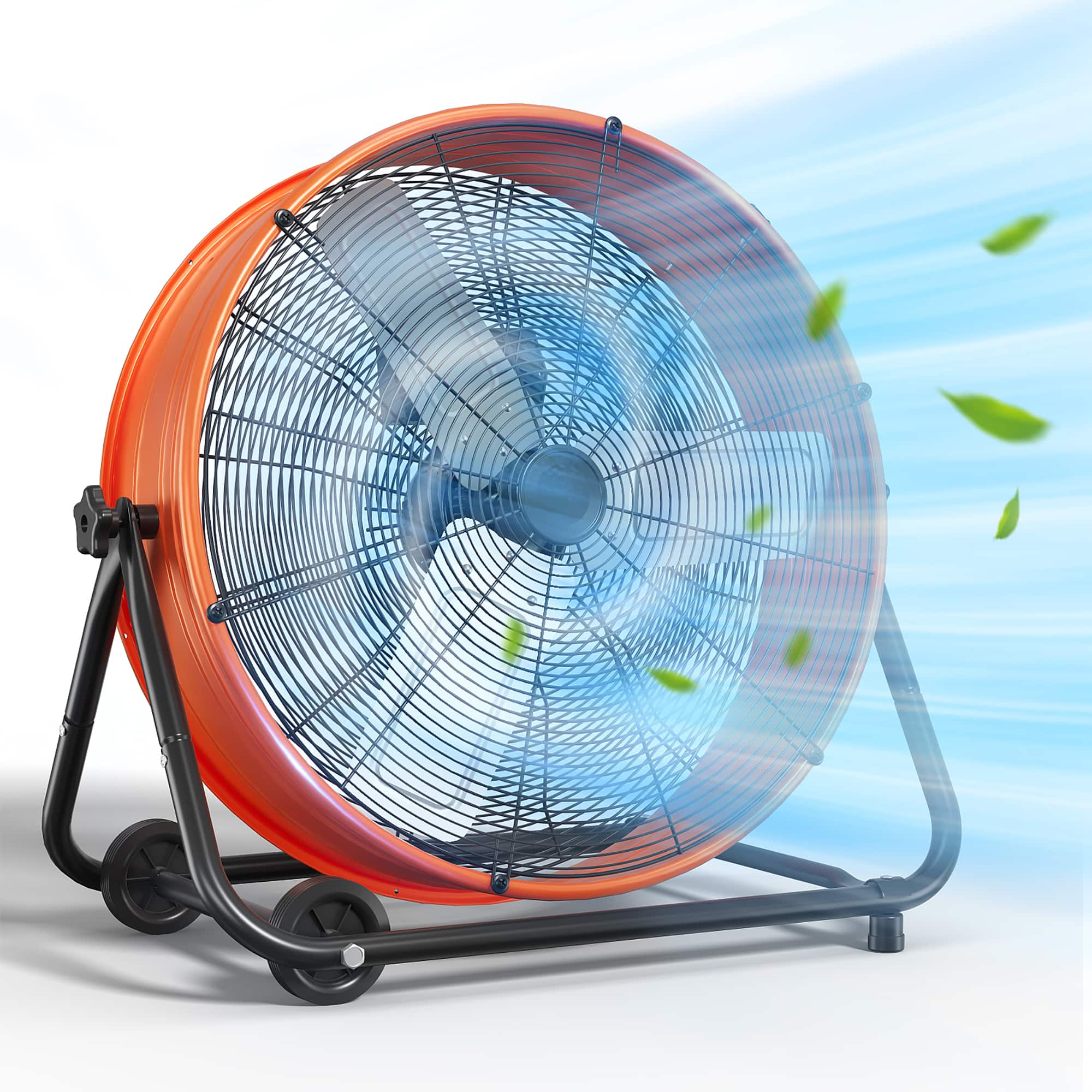 Vaczon - 28 Inch Industrial Drum Fan High Velocity, 3 Speed Settings, 360° Adjustable Tilt, Large Wheels for Warehouse & Outdoor - Orange