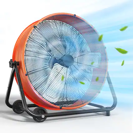 Front. Vaczon - 28 Inch Industrial Drum Fan High Velocity, 3 Speed Settings, 360° Adjustable Tilt, Large Wheels for Warehouse & Outdoor - Orange.