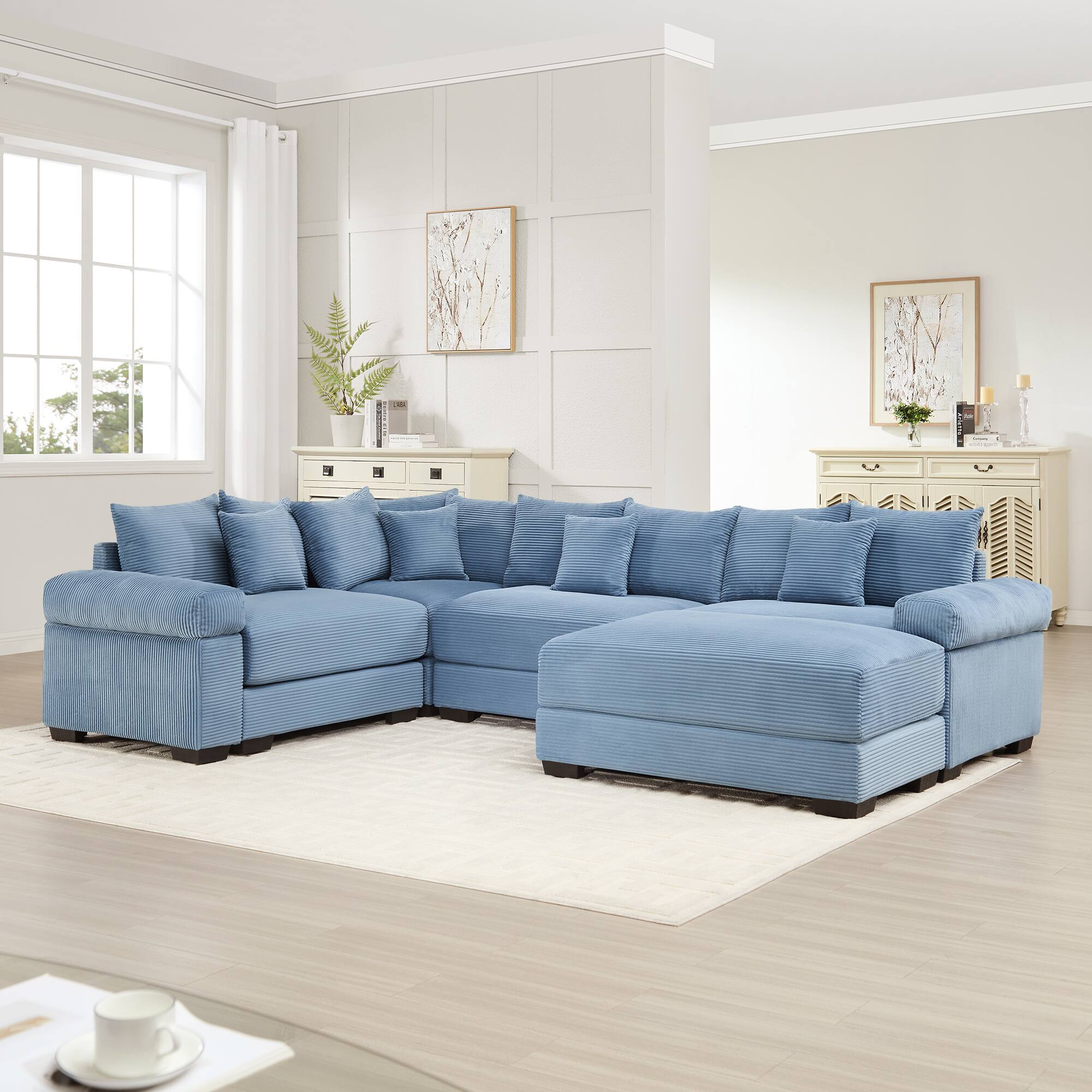 Angle. LOVMOR - Corduroy Modular Sectional Couch Storage Ottoman Compressed Pack For Living Room Bedroom Den Soft Lounge TV XL - Blue.