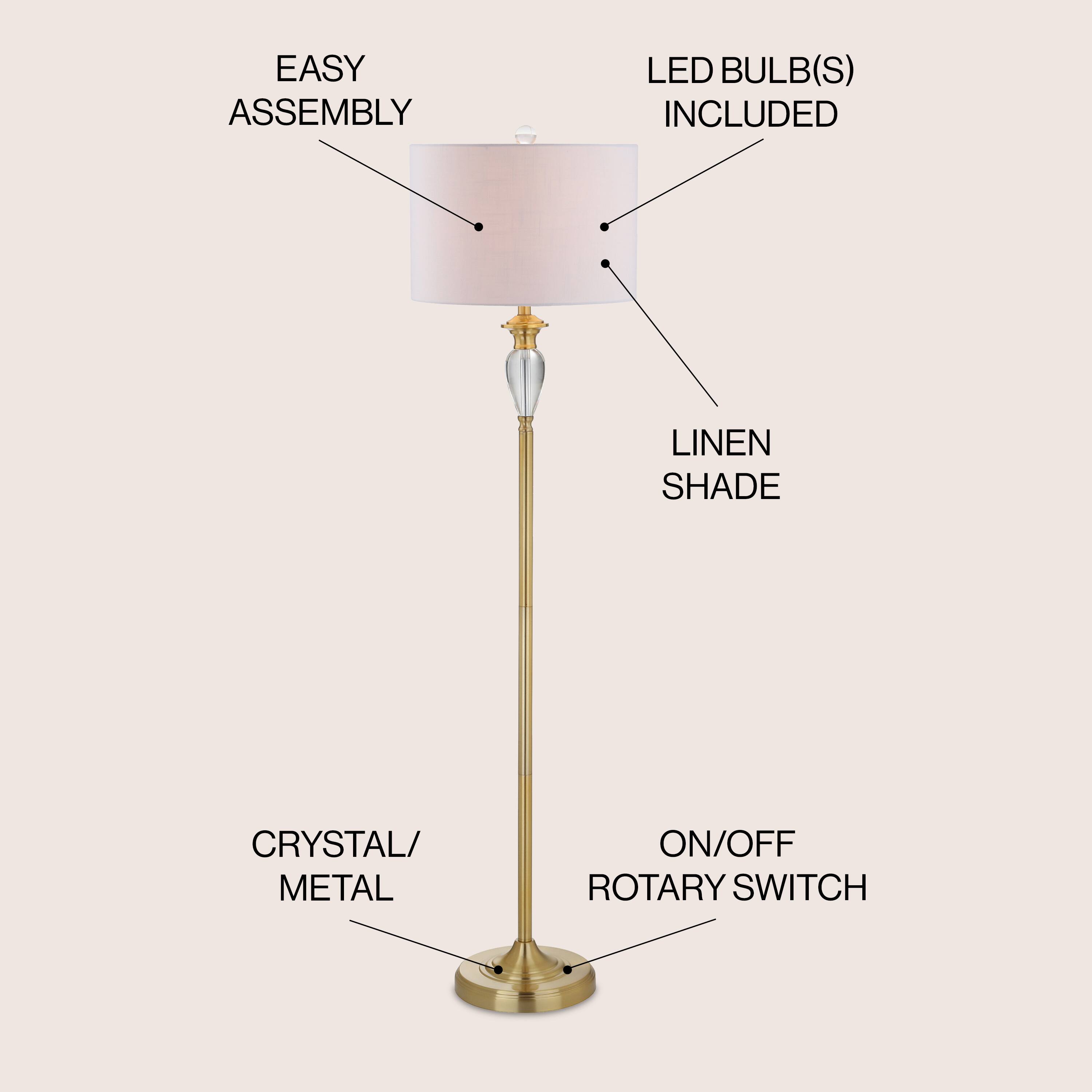 EASY ASSEMBLY  
LED BULB(S) INCLUDED  
LINEN SHADE  
CRYSTAL/METAL  
ON/OFF ROTARY SWITCH