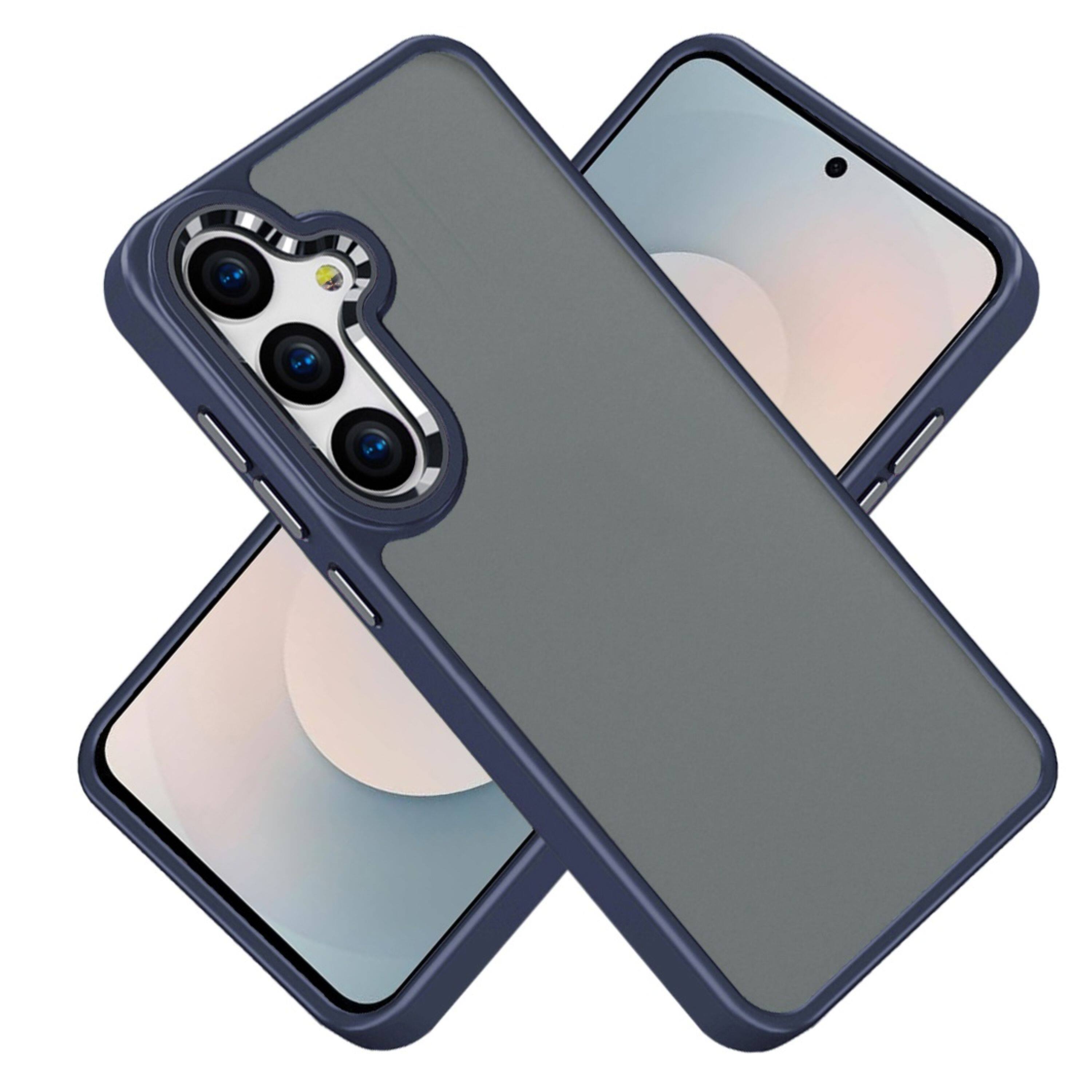 Angle. Kitcheniva - Rubber Thick Acrylic Metal Buttons Phone Case With Tempered Glass For Samsung Galaxy S26 Dark Blue - Dark Blue.