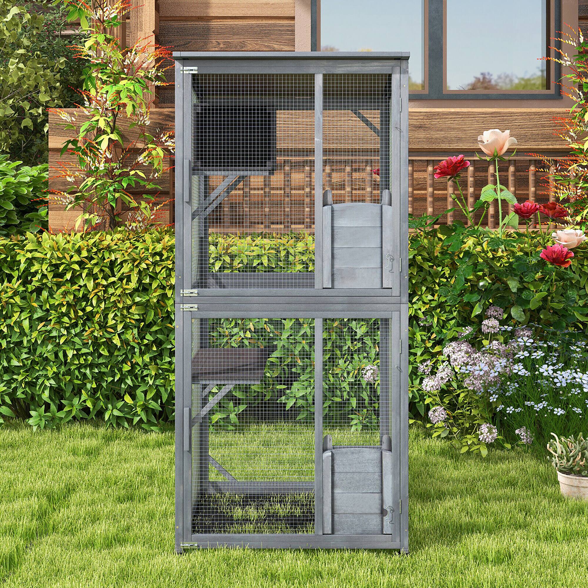 Alt View 3. Gymax - Gymax Wooden Cat House 72'' Indoor Outdoor Kitten Enclosure Kennel Condo on Wheels Grey.