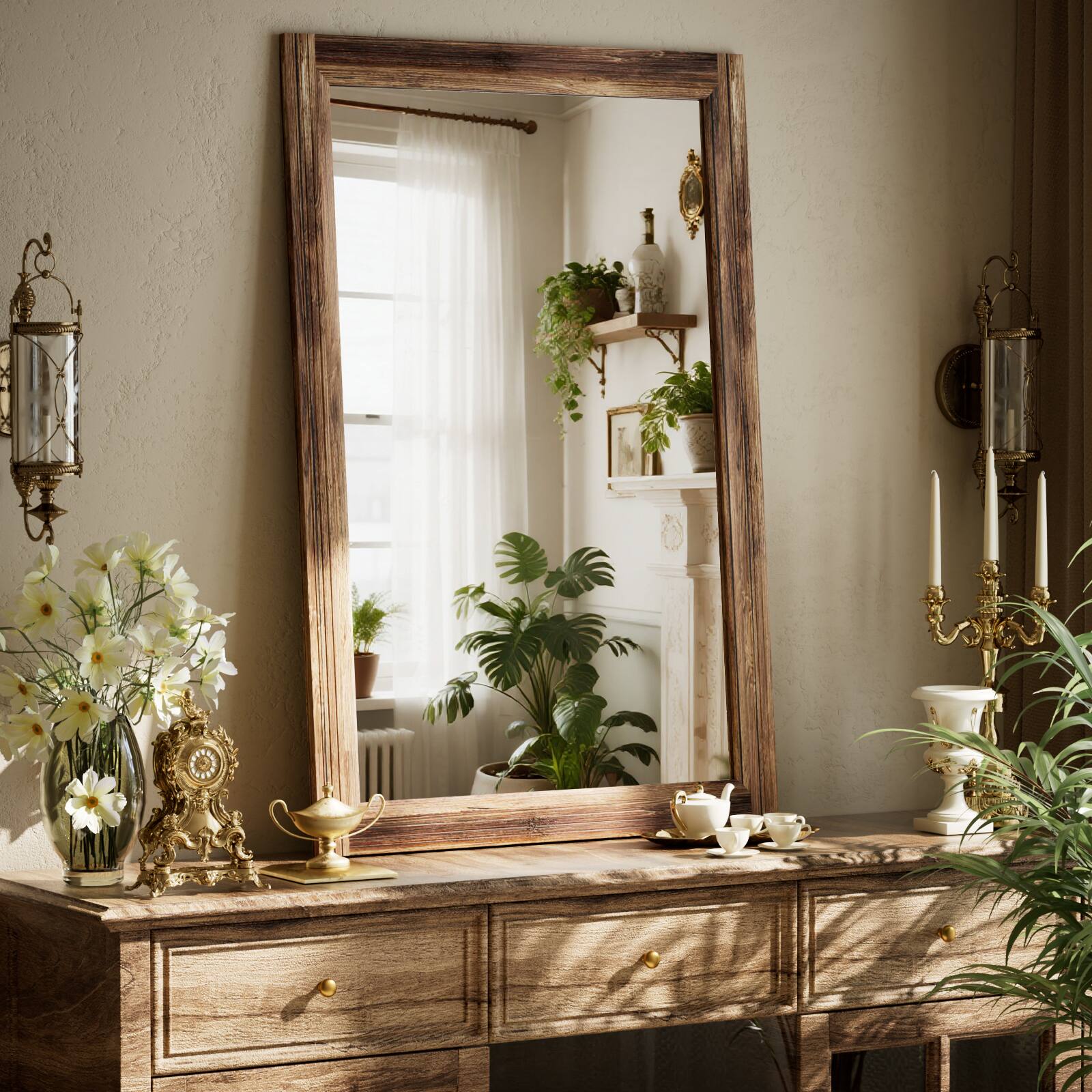 Angle. Easly - Antique Brown 24 in. W x 36 in. H Rectangle Wood Framed Vanity Wall Mirror - Walnut.