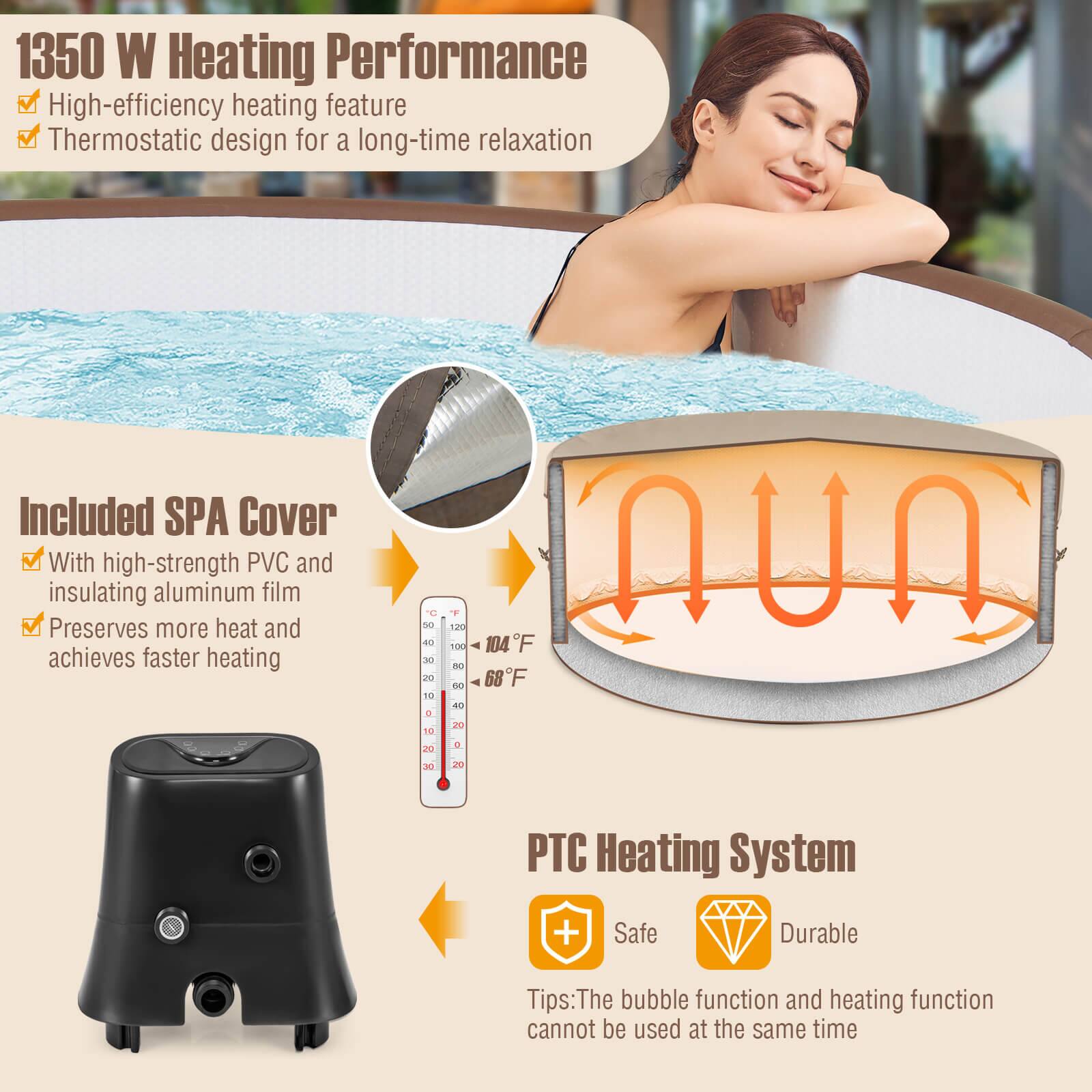1350 W Heating Performance: High-efficiency heating feature, Thermostatic design for a long-time relaxation. Included SPA Cover: With high-strength PVC and insulating aluminum film, Preserves more heat and achieves faster heating.

Temperature Chart:
- 30°F to 10°F: 104°F
- 20°F to 10°F: 100°F
- 10°F to 20°F: 104°F
- 10°F to 20°F: 100°F
- 10°F to 20°F: 104°F
- 10°F to 20°F: 100°F
- 10°F to 20°F: 104°F
- 10°F to 20°F: 100°F
- 10°F to 20°F: 104°F
- 10°F to 20°F: 100°F
- 10°F to 20°F: 104°F
- 10°F to 20°F: 100°F
- 10°F to 20°F: 104°F
- 10°F to 20°F: 100°F
- 10°F to 20°F: 104°F
- 10°F to 20°F: 100°F
- 10°F to 20°F: 104°F
- 10°F to 20°F: 100°F
- 10°F to 20°F: 104°F
- 10°F to 20°F: 100°F
- 10°F to 20°F: 104°F
- 10°F to 20°F: 100°F
