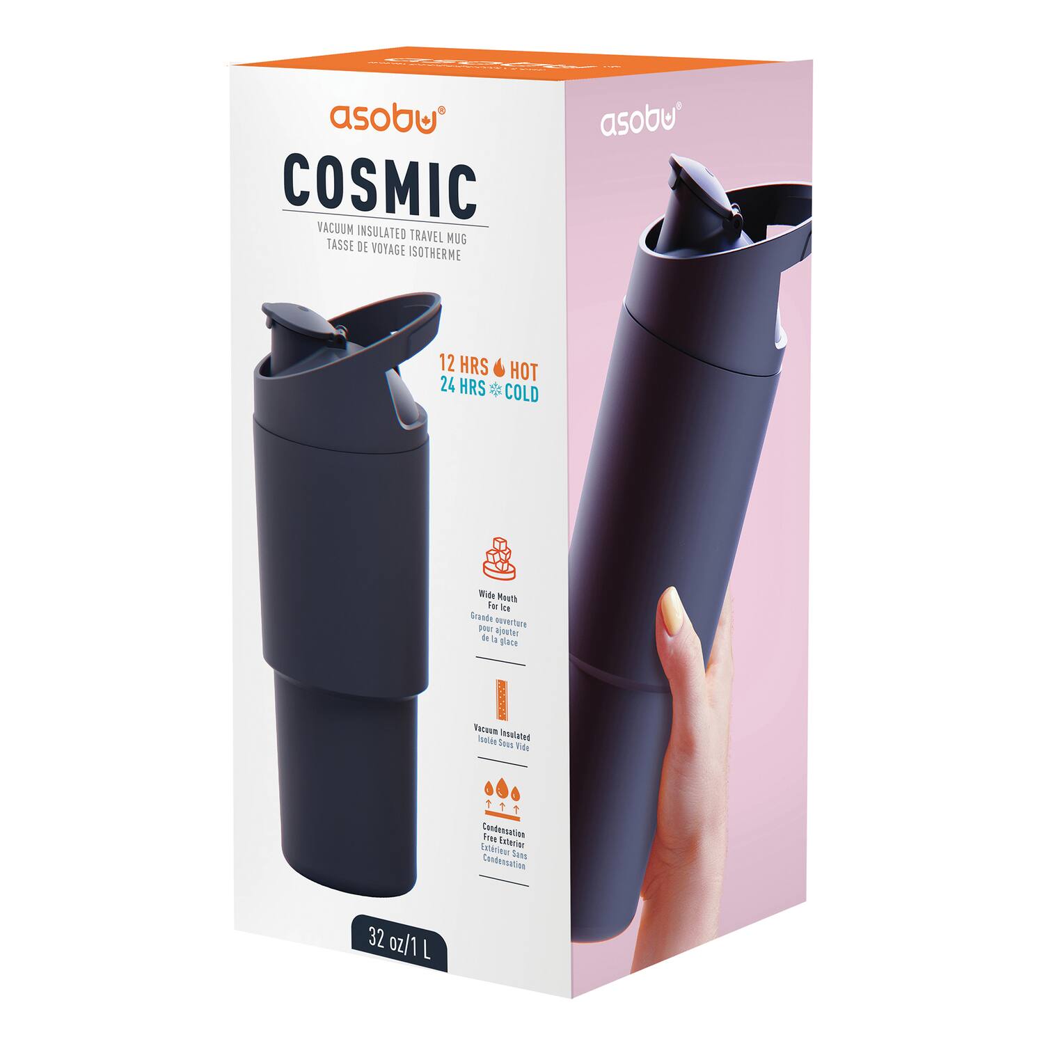 asobu COSMIC VACUUM INSULATED TRAVEL MUG TASSE DE VOYAGE ISOTHERME asobu 12 HRS HOT 24 HRS COLD Wide Mouth Far 32 oz/1 L