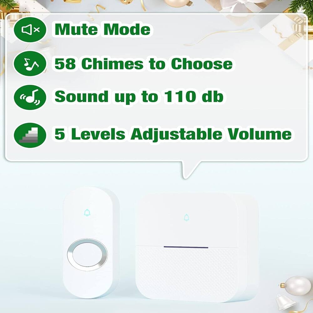 - Mute Mode
- 58 Chimes to Choose
- Sound up to 110 db
- 5 Levels Adjustable Volume