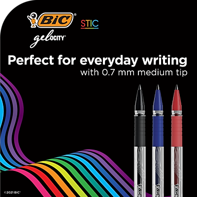 BIC STIC gelocity  
Perfect for everyday writing with 0.7 mm medium tip  
©2021 BIC