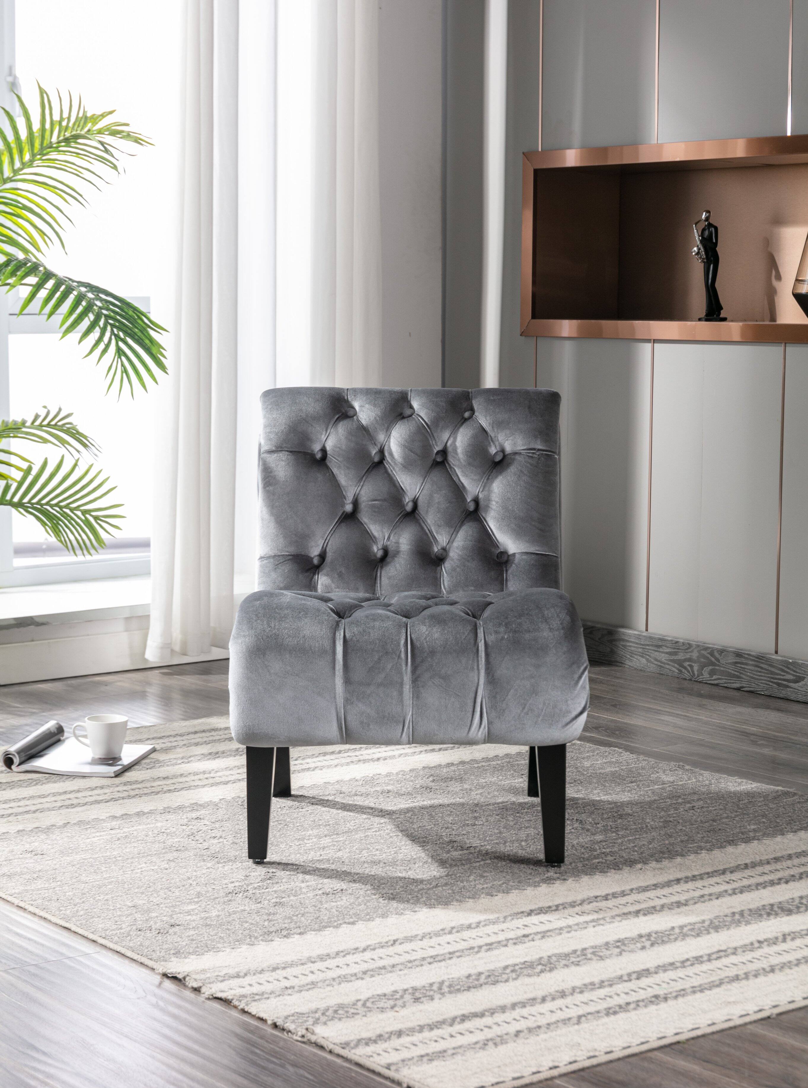 Angle. Trinkets Crazed - Velvet Accent Lounge Chair for Living Room, Modern Leisure Chair with Tufted Backrest, Indoor Armless Side Chair - Silver.