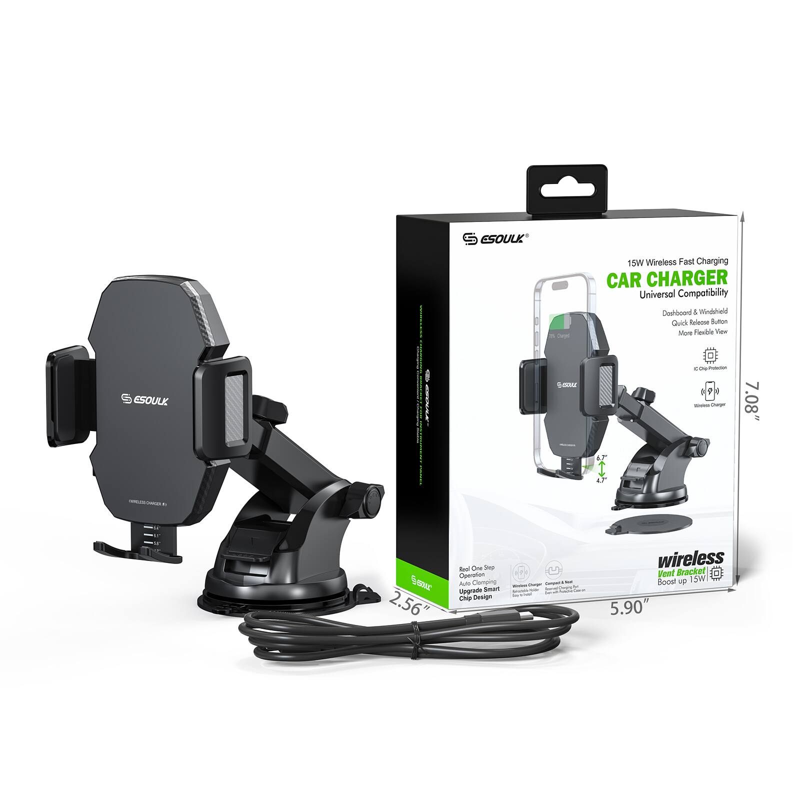 ESOULK - 15W Wireless Fast Charging CAR CHARGER Universal Compatibility Dashboard & Windshield Quick Release Button More Flexible View ESOULK - - + | Sa  Y - -t - Charge 7.08"  2.56 Bool One Step Auto Clamping Upgrade Smart Chip Design 2 i - - - Net wireless Vent Bracket O Boost up 15W 5.90"