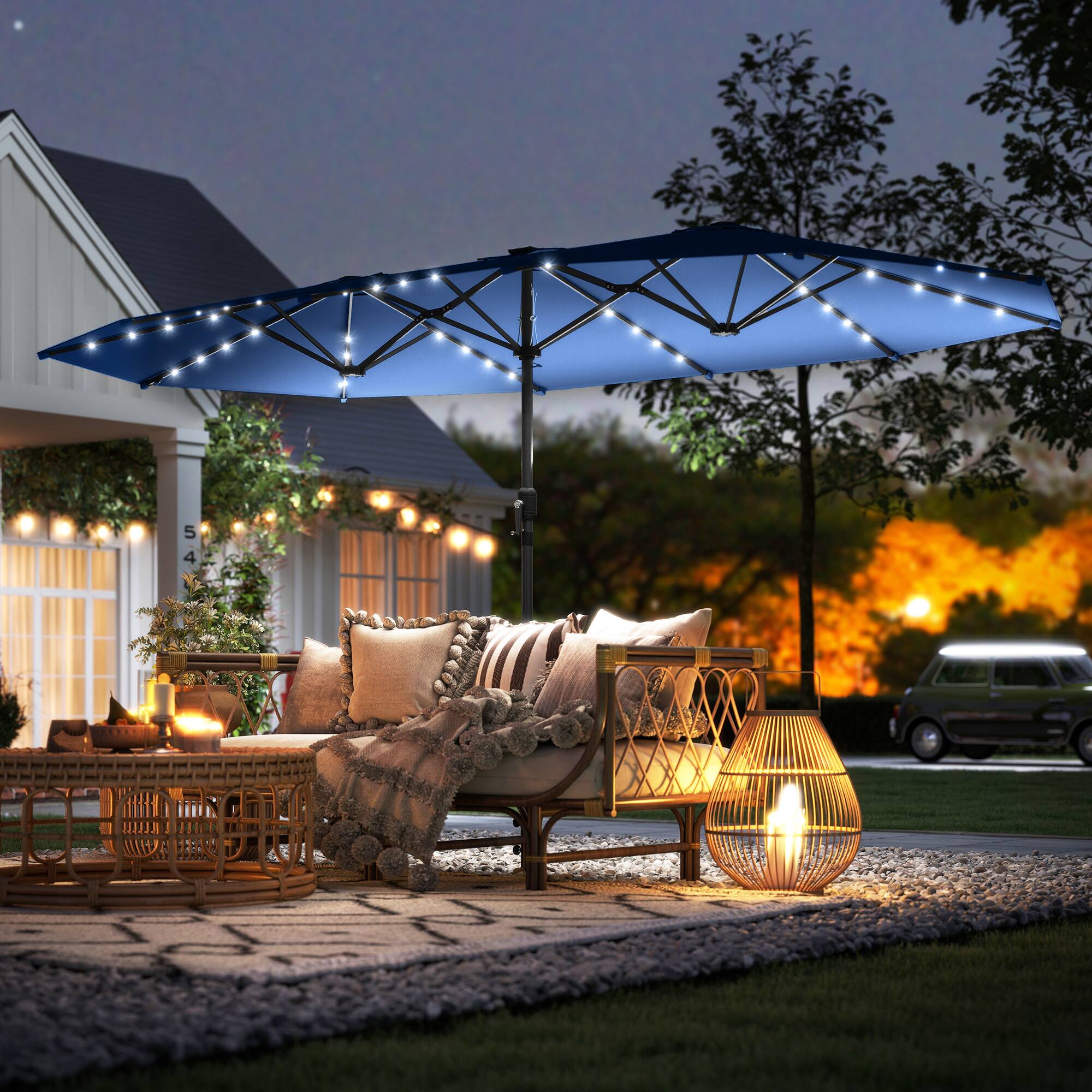 Alt View 1. Outsunny - Parasol, Double-Sided Sun Umbrella with LED Solar Lights - Blue.