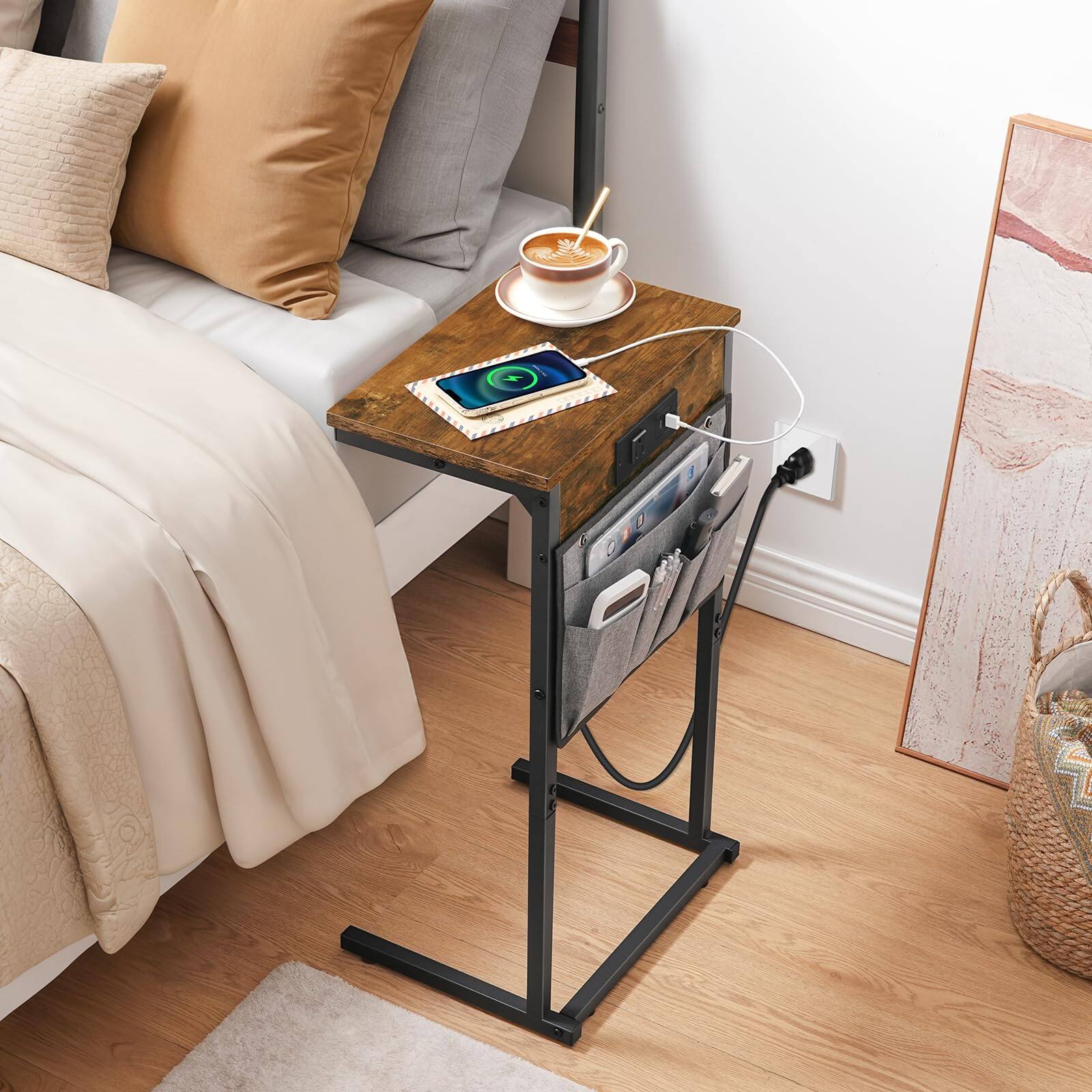 Left. JETRANSPORT - C Shaped End Table With Charging Station  28" H Couch Side Slide Under Sofa Arm Tray Storage Bag For Living Ro - Greige + Black 1.