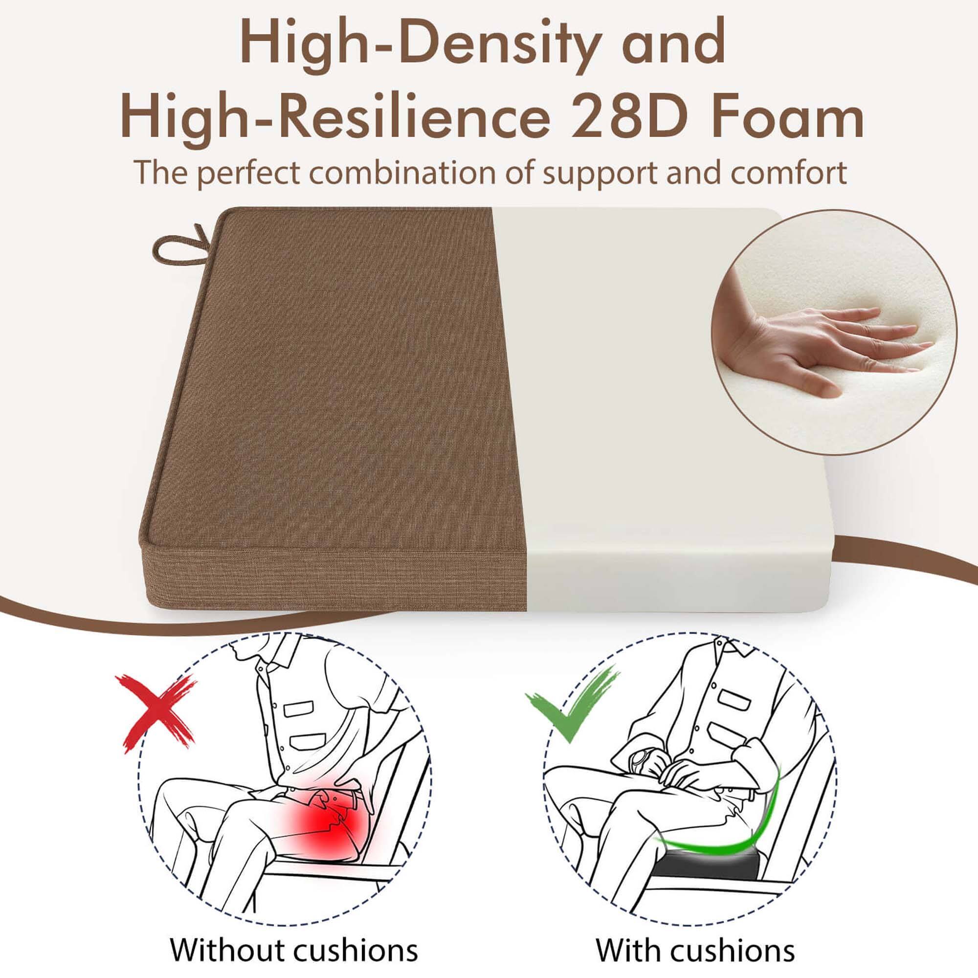 High-Density and High-Resilience 28D Foam  
The perfect combination of support and comfort

Without cushions  
With cushions