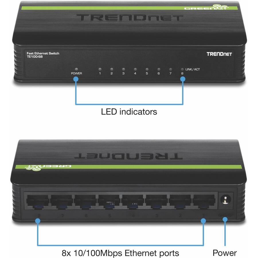 GREENA TRENDNET Fast Ethernet Switch TE100-S8  
TRENDNET POWER 1 2 3 4 5 6 7 LNK/ACT LED indicators  
8x 10/100Mbps Ethernet ports Power