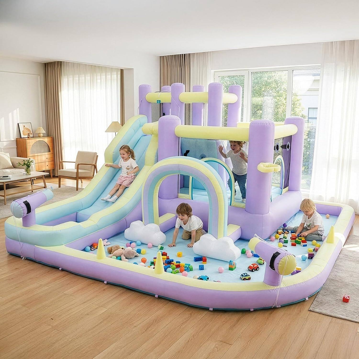 Angle. Winado - Inflatable Bounce House with Rainbow Arch and Extra Long Water Slide | Outdoor Bouncy Castle, Included 750W Blower,.