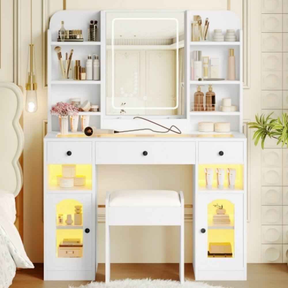 Alt View 2. LUCKY ONE - 43.2" Vanity Desk w/ LED Mirror RGB Glass Cabinets 3 Drawers & Stool - White.