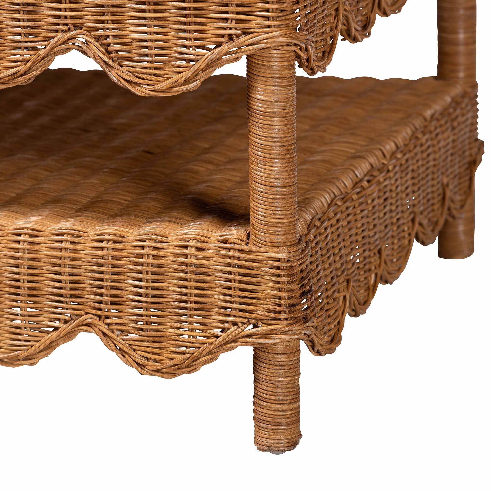 Back. bali & pari - Oteria Natural Rattan Coffee Table - Handwoven Wicker Cocktail Table with Scalloped Detailing and Open Shelf - Light Honey.