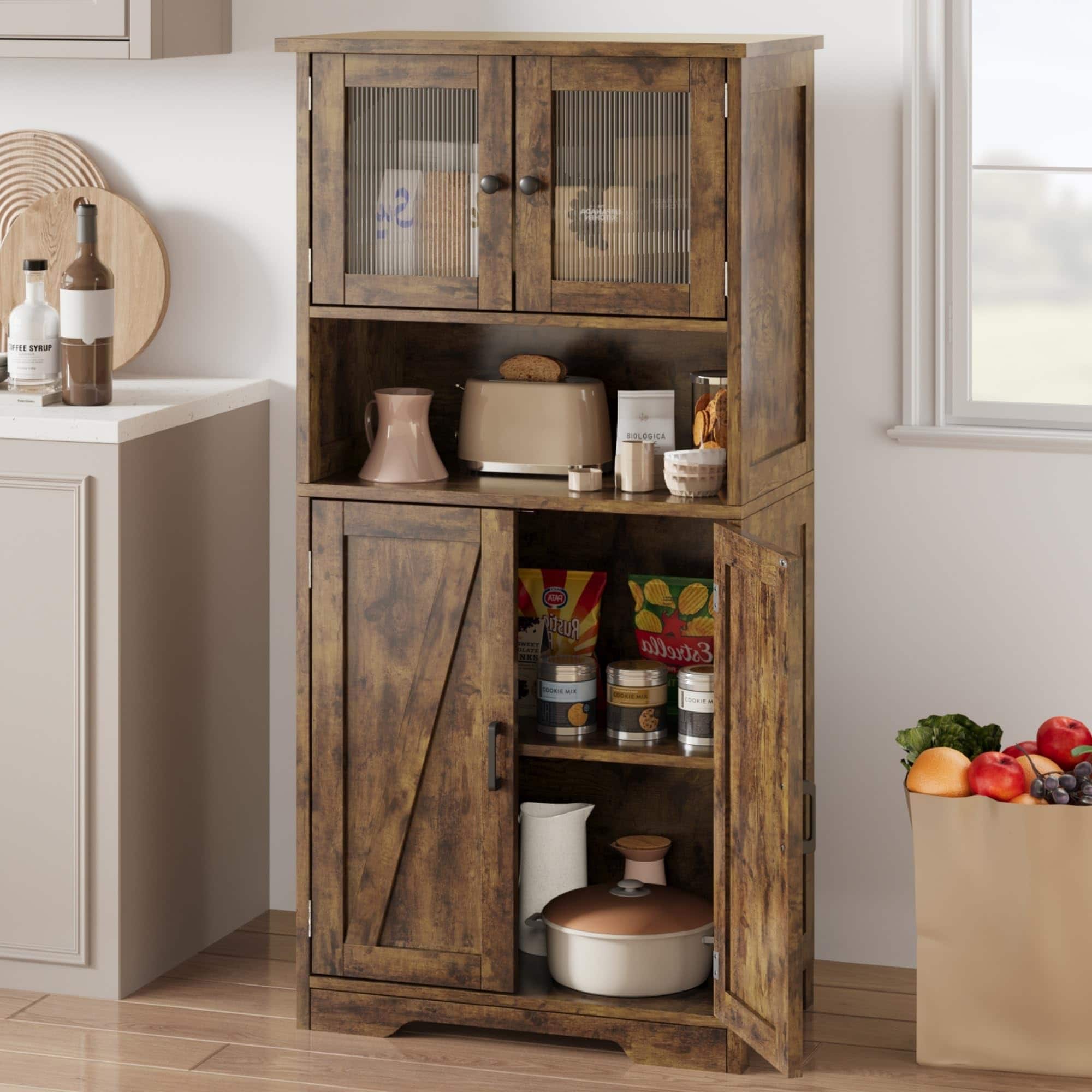 Jojoka - 54" Kitchen Pantry Cabinet with Glass Doors & Adjustable Shelves, Farmhouse Freestanding Storage Hutch - Brown