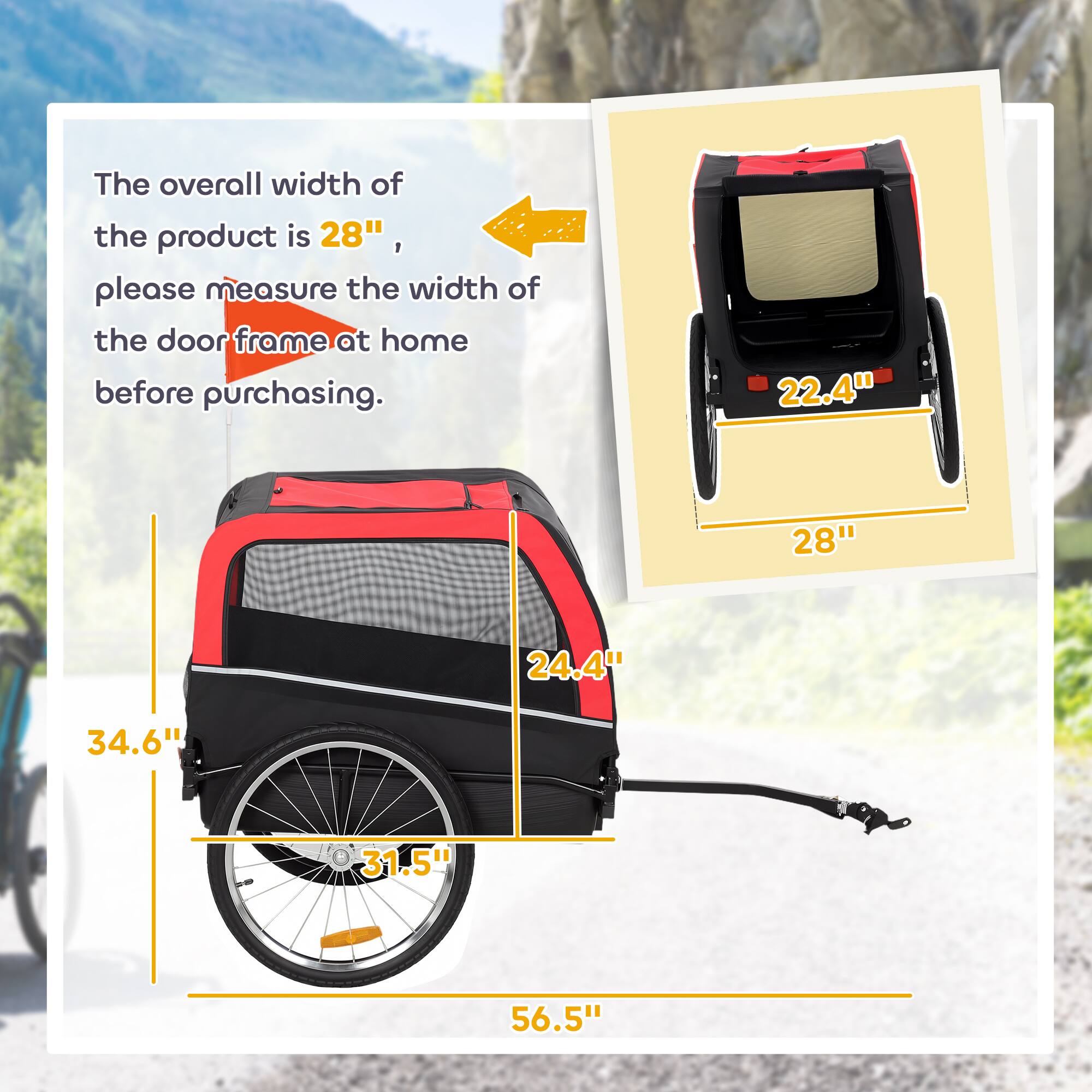 The overall width of the product is 28", please measure the width of the door frame at home before purchasing.

22.4"  
28"  
24.4"  
34.6"  
31.5"  
56.5"