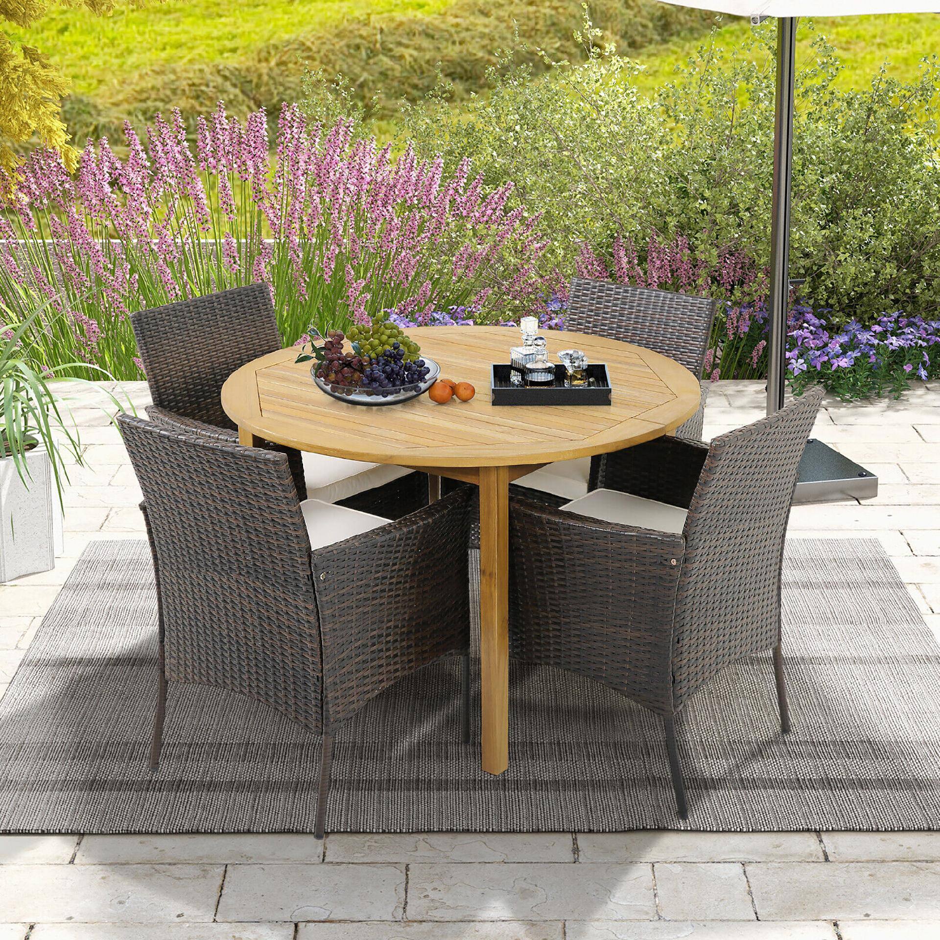 Alt View 3. Gymax - Gymax 5 PCS Patio Dining Set Round Acacia Wood Table 4 Cushioned Wicker Armchairs - Natural, Mix Brown, White.