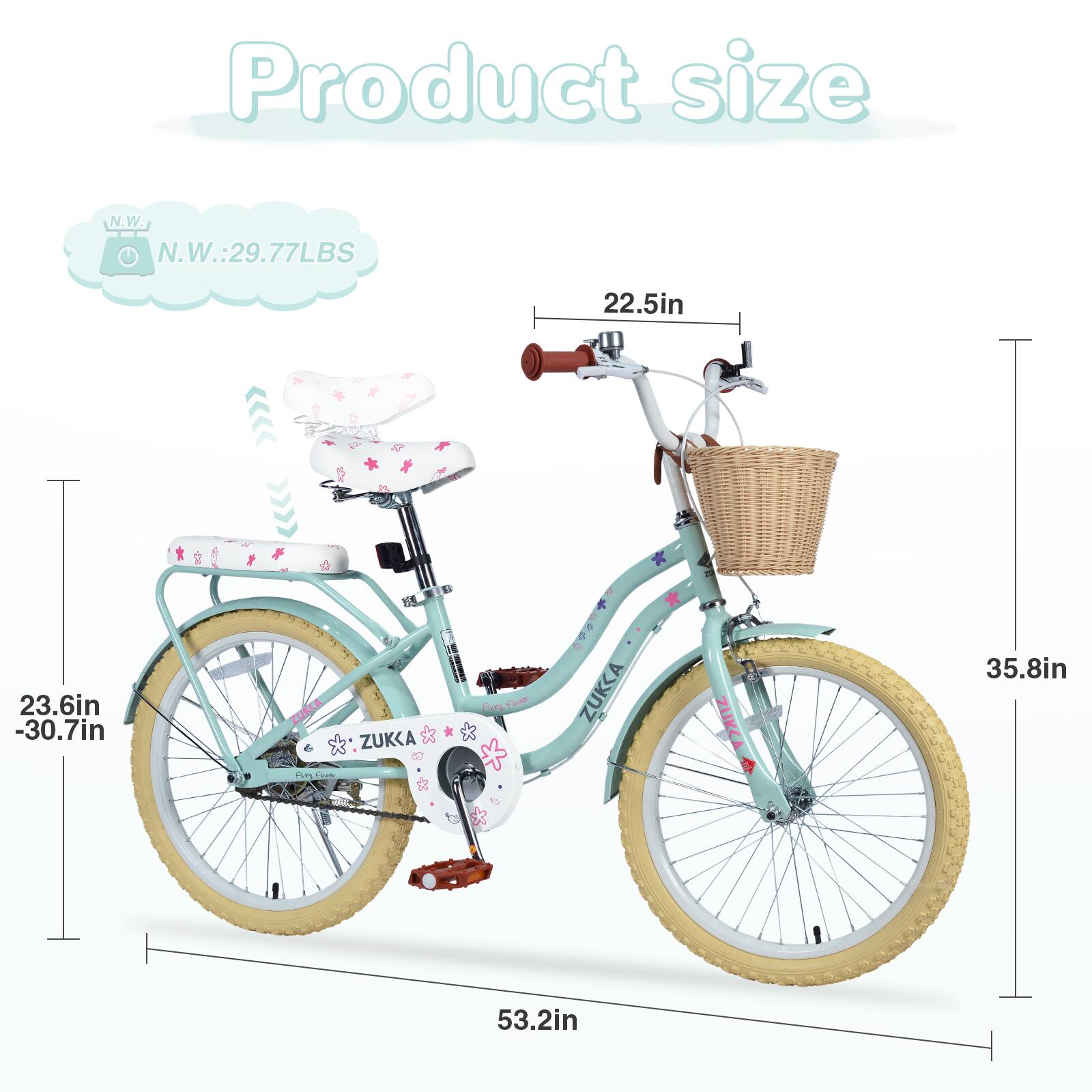 Product size

N.W.: 29.77LBS

22.5in

23.6in - 30.7in

35.8in

53.2in