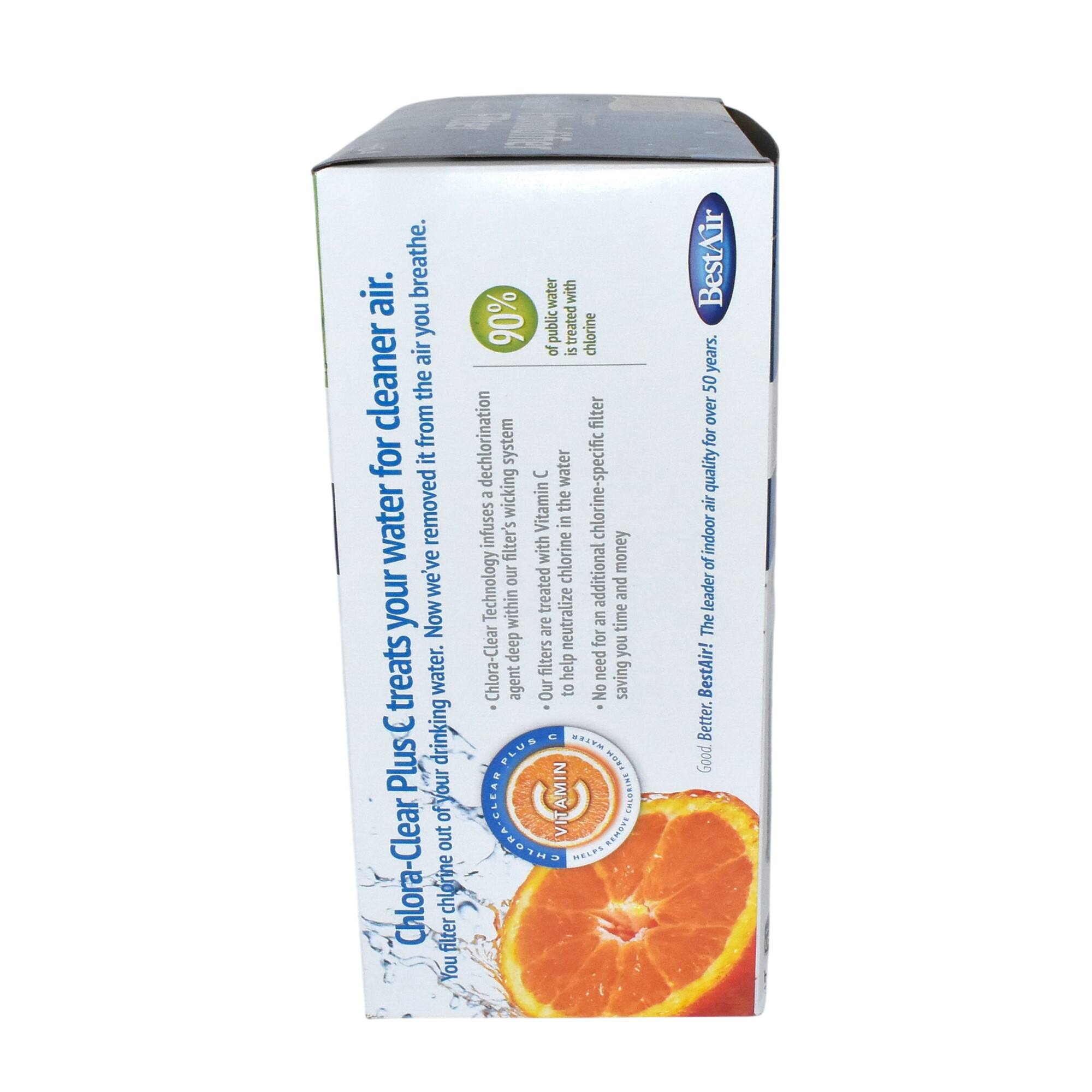 Chlora-Clear Plus C treats your water for cleaner air. 90% of public treated water is cleaner from the air. Our Chlora-Clear filter removes chlorine and additional money-saving technology to neutralize chlorine. Now we've added Vitamin C to help treat your drinking water. No need for additional filters. Good Better Best! The leader of indoor air quality for over 50 years. BestAir.

Chlora-Clear Plus C treats your water for cleaner air. 90% of public treated water is cleaner from the air. Our Chlora-Clear filter removes chlorine and additional money-saving technology to neutralize chlorine. Now we've added Vitamin C to help treat your drinking water. No need for additional filters. Good Better Best! The leader of indoor air quality for over 50 years. BestAir.