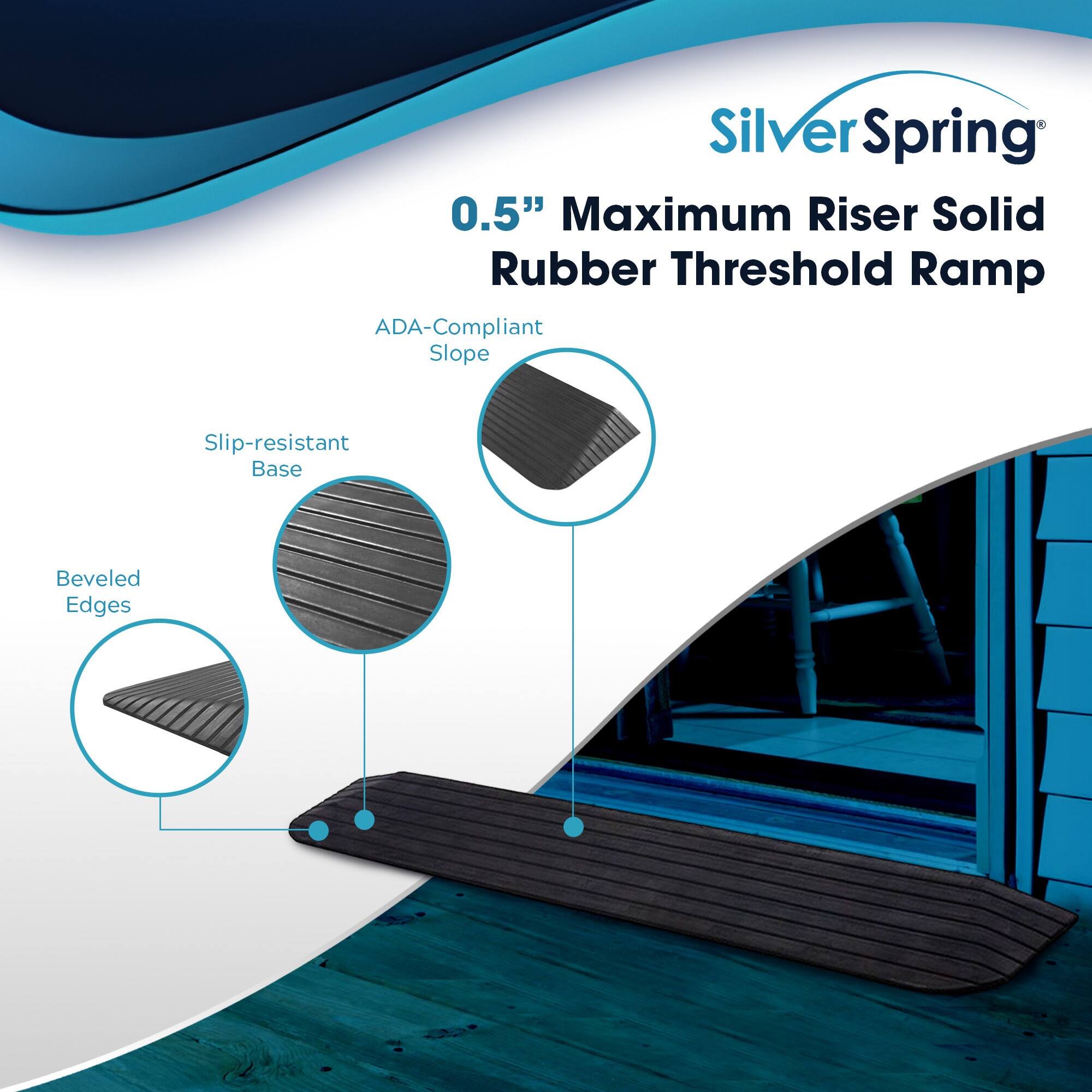 Silver Spring  
0.5" Maximum Riser Solid Rubber Threshold Ramp  
ADA-Compliant Slope  
Slip-resistant Base  
Beveled Edges